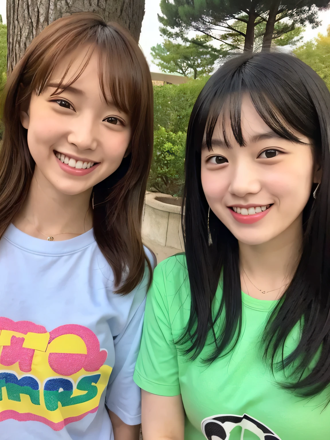 Two people、Smiling and wearing a girls' high 、fun、16 years old、whole body、slender、woman、White drool coming out of the mouth、Short hair, fair skin,Twin tails,、Super cute、Soft and Face、Brown Hair、8K resolution、Surreal、Ultra high definition、 Soft Body、A-cup small breasts((Highest resolution、8k、masterpiece:1.3))、Ultra-fine face、Ultra Fine Lips、Beautiful Eyes、double eyelid,Slender figure、I can see your thighs、Shapely small breasts、Pink wall