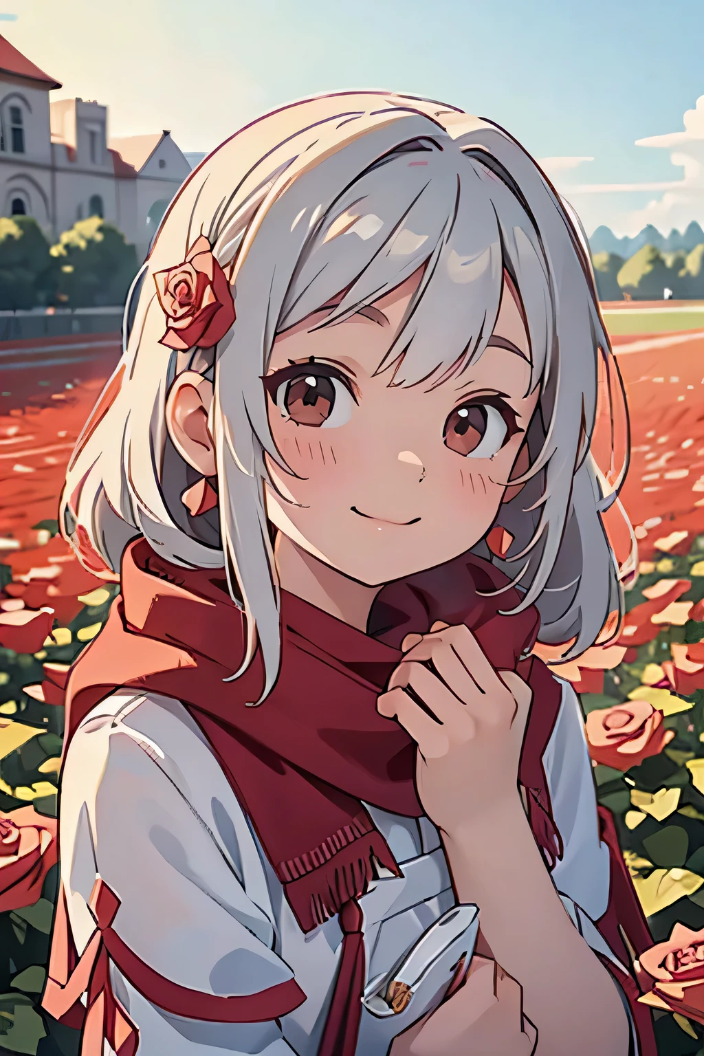 Overlooking, Panorama, perspective, Depth of written boundary, bust, Upper Body, Movie angle, masterpiece, highest quality, Super detailed, CG, 8k wallpaper, Beautiful Face, Delicate eyes, Otome, alone, smile, Silver Hair, Golden Eyes, Fair skin, hair, Red scarf, White evening dress, Rose Field, Red flower, rose, Flower Field, petal, Flying petal, smile