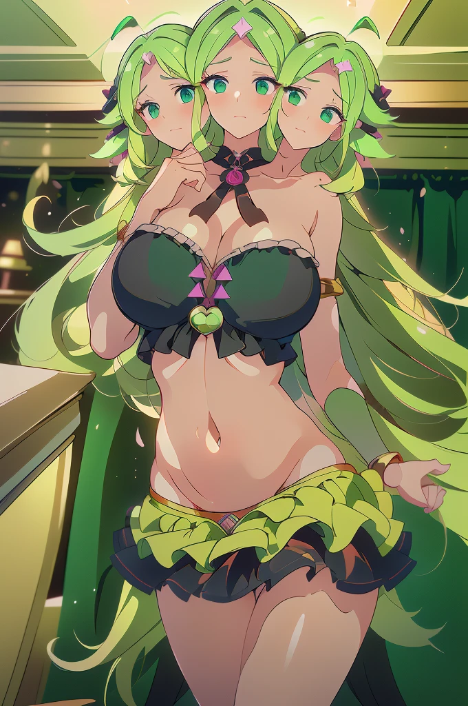 (masterpiece, best quality), best quality, best resolution, (ultra-detailed), (3heads:1.5), 1girl, (fuma mishandra:1.3), masterpiece, best quality, ultra quality, ultra resolution, ultra detail, black top, crop top, ((stomach)), midriff, ((groin)), black skirt, miniskirt, normal ears, shackles, green hair, very long hair, wavy hair, sidelocks, green eyes, parted lips, open belly, sweat, cute, toned belly, hand on own chest, eyelashes, (24 year old woman:1.3), (masterpiece:1.5), (best quality:1.5), (beautiful detailed), extremely detailed CG, extremely delicate and beautiful, depth of field, (finely detailed face), (perfect details:1.2), (mature female:1.3), wide pelvis, slender, large veiny breast, 16k resolution, highres, high quality, high definition, extremely detailed, masterpiece, green hair, long hair, alluring presence, twin braid, short skirt, close up, big tits, young, girl with three heads,