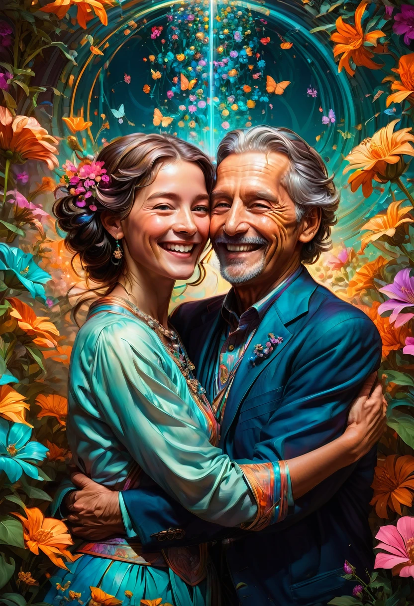 Couple Photo, aesthetic, Joyful adorable smiling elderly people  laughing and hugging spreading joy: vibrant colors: surrounded by flowers: intricate details, head and shoulders portrait, 8k resolution concept art portrait by Greg Rutkowski, Artgerm, WLOP, Alphonse Mucha dynamic lighting hyperdetailed intricately detailed Splash art trending on Artstation triadic colors Unreal Engine 5 volumetric lighting