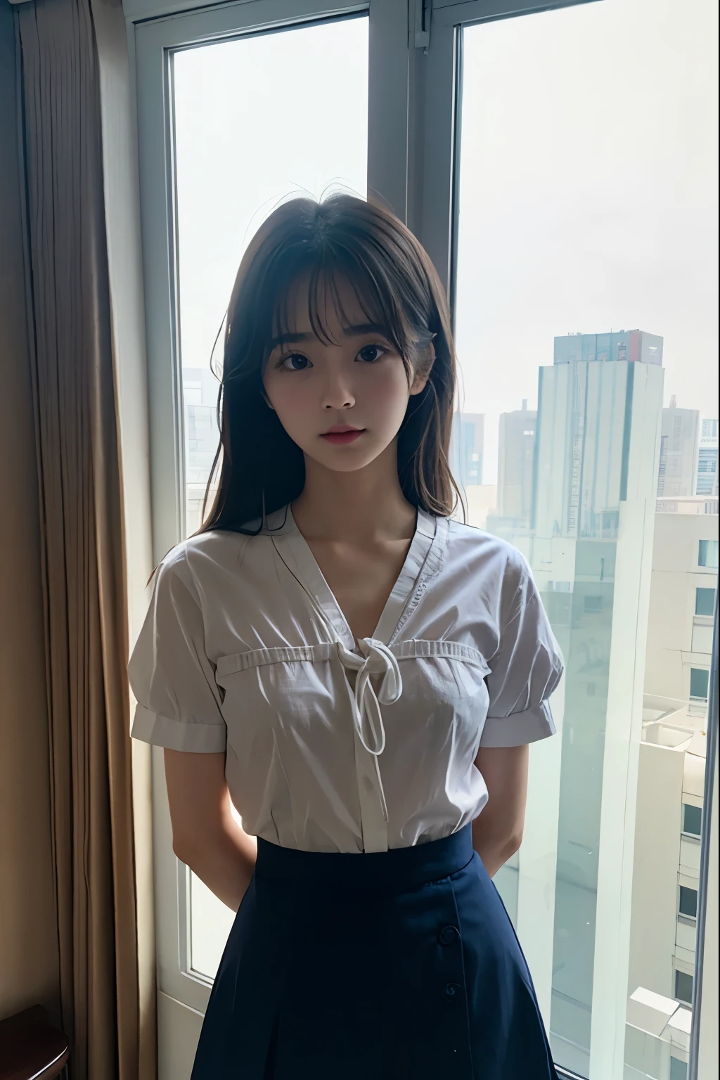 A cute girl who was  and tied up、Beauty、Make your eyes even、My hands are tied with ropes、Inside the hotel room、White short-sleeved shirt、Navy semi-long skirt、Standing in front of the window、Age 25、Medium build、Like real life、highest quality、