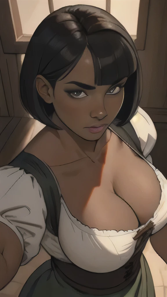 ((highest quality)), （tmasterpiece，A high resolution，best qualtiy：1.2），8K， (detailed), Perfect Face,bob hair ,blunt bangs,dark skin, large breasts, cleavage, dirndl, cowboy shot, indoors,No expression,forehead,shoot from above