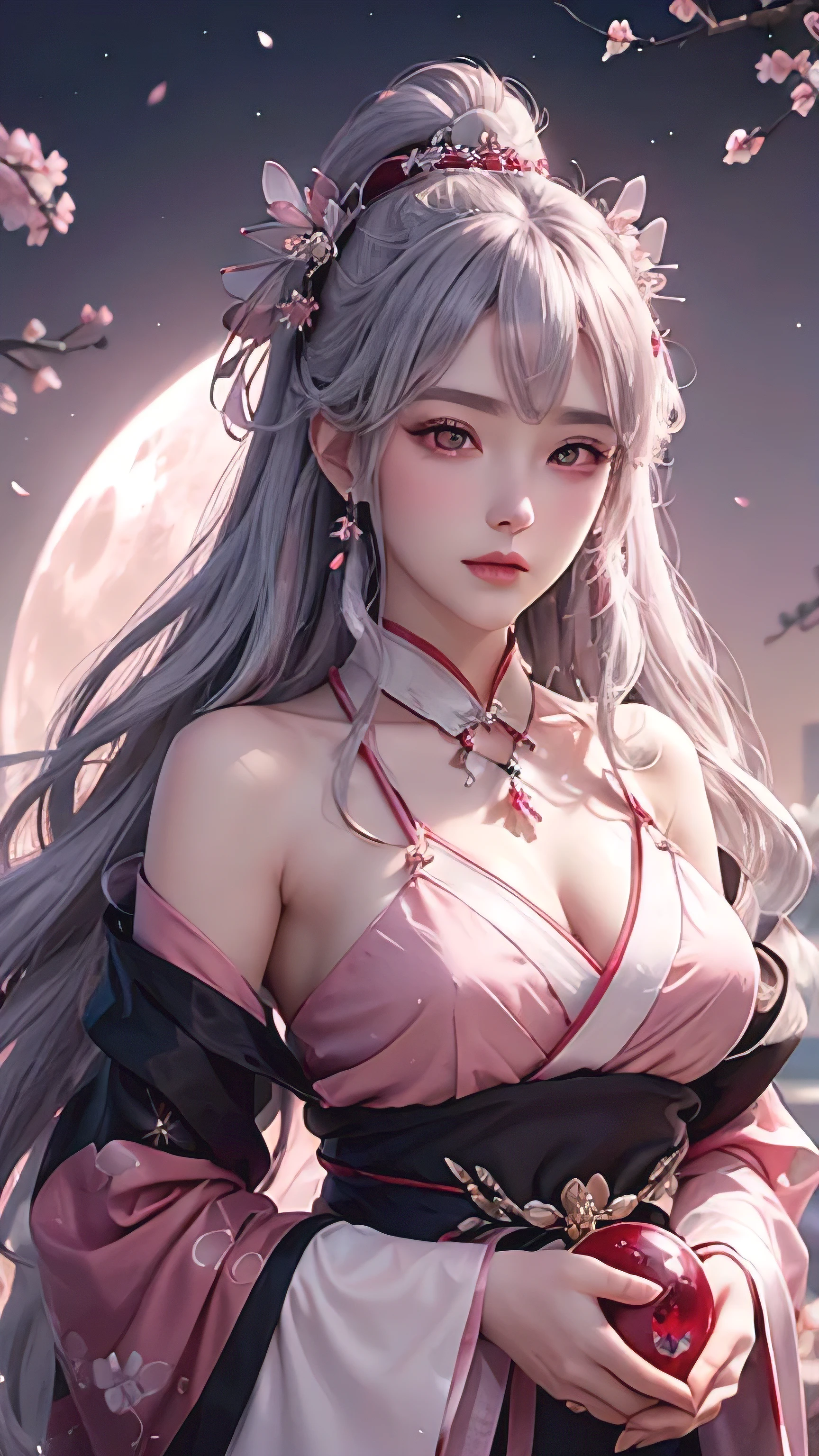 (Holding a glowing crystal ball in both hands)),positive,Frontal composition,Upper Body,((Looking at the audience)),Luxurious red and black kimono,Cherry Blossom Hair Accessories,long, Silver hair,Cherry Blossom Hair Accessories,Beautiful and delicate face,blush,Cherry pink eyes,big eyes,Very high resolution,Top quality,(Pink Moon),mystery,Cherry blossoms at night