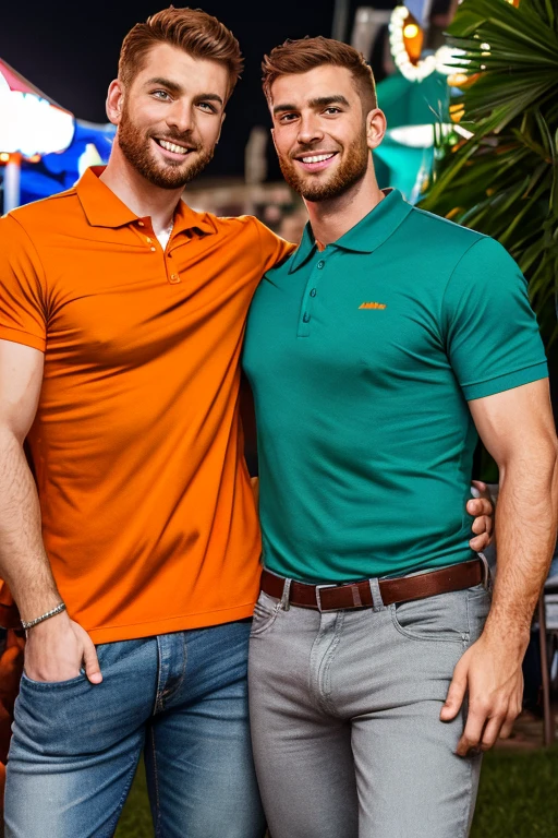 Photo-realistic. A tall, muscular, handsome, 24-year-old jock, with orange hair, stubble, and green eyes, wearing a teal, graphic T-shirt, and jeans, arm around a fit, handsome, 30-year-old, man with short, shaved, brown hair, stubble, and blue eyes, wearing a short sleeve, pale yellow polo shirt, and gray slacks, walking close to each other, leaning into each other, smiling slightly, at a carnival, at night.