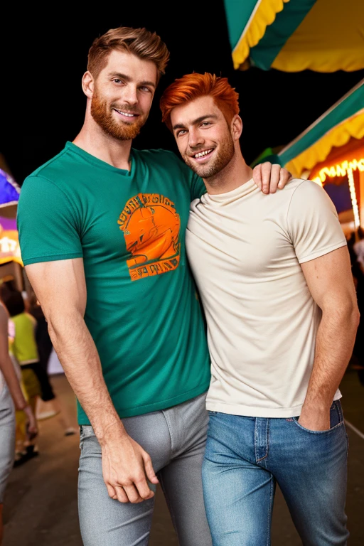 Photo-realistic. A tall, muscular, handsome, 24-year-old jock, with orange hair, stubble, and green eyes, wearing a teal, graphic T-shirt, and jeans, arm around a fit, handsome, 30-year-old, man with short, shaved, brown hair, stubble, and blue eyes, wearing a short sleeve, pale yellow polo shirt, and gray slacks, walking close to each other, leaning into each other, smiling slightly, at a carnival, at night.