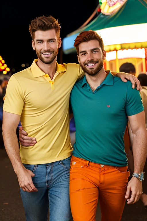 Photo-realistic. A tall, muscular, handsome, 24-year-old jock, with orange hair, stubble, and green eyes, wearing a teal, graphic T-shirt, and jeans, arm around a fit, handsome, 30-year-old, man with short, shaved, brown hair, stubble, and blue eyes, wearing a short sleeve, pale yellow polo shirt, and gray slacks, walking close to each other, leaning into each other, smiling slightly, at a carnival, at night.