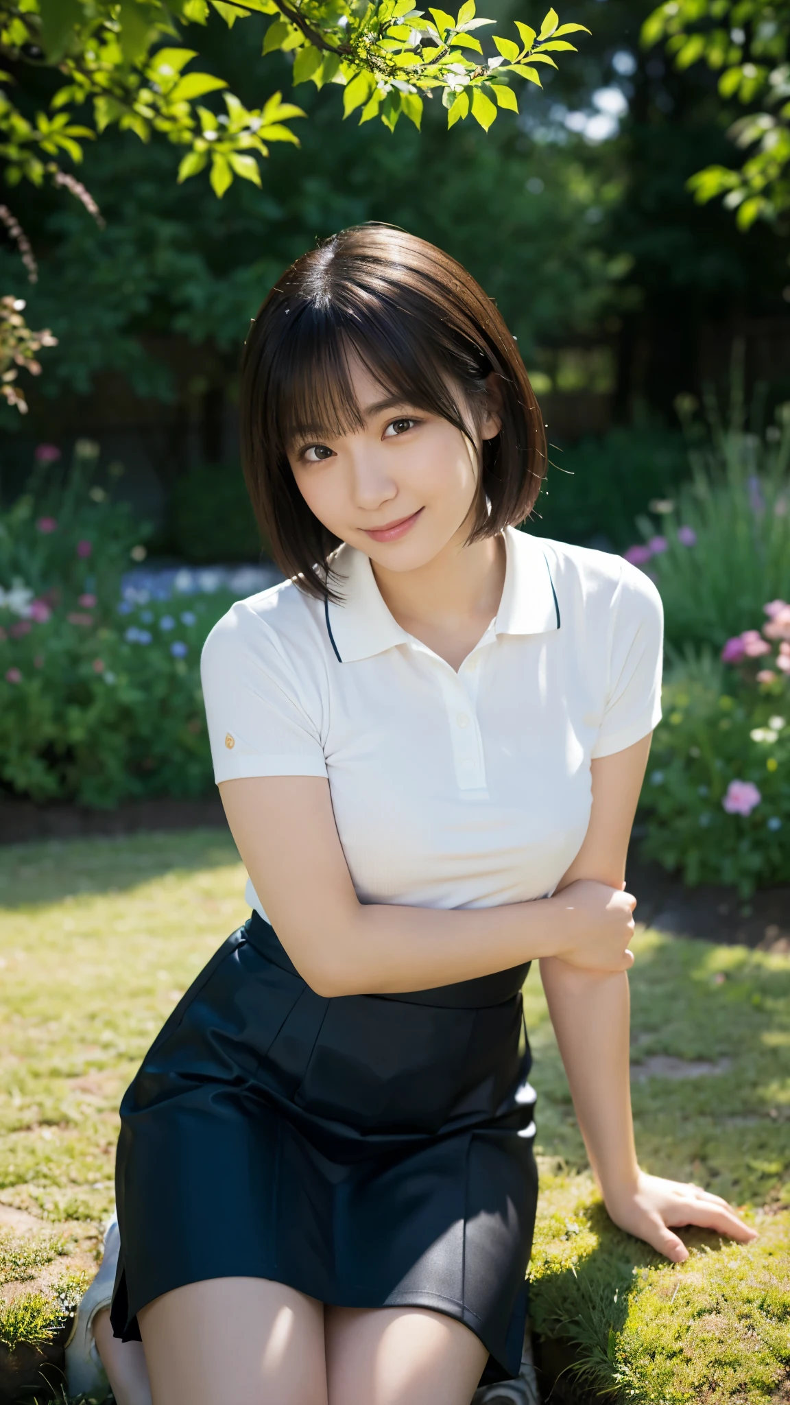 (highest quality,masterpiece:1.3,Ultra-high resolution),(Super detailed,Caustics,8k), (Photorealistic:1.4, RAW shooting),garden,grass,sit,Japanese,20-year-old,cute,(smile),Looking into the camera,Short black hair,Polo shirt,mini skirt,High angle,High Position,Face Focus,Face close up,Natural light