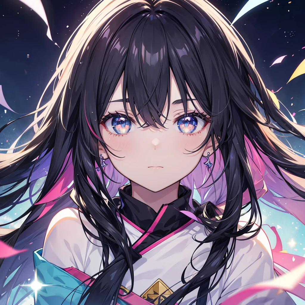 anime、Vibrant colors、Beauty、20-year-old、Calm、Black Hair、Long Hair、Straight Hair、The bangs are cut above the eyebrows、Narrow eyes、Slanted Eyes、Bright eyes、Sparkling eyes、Face