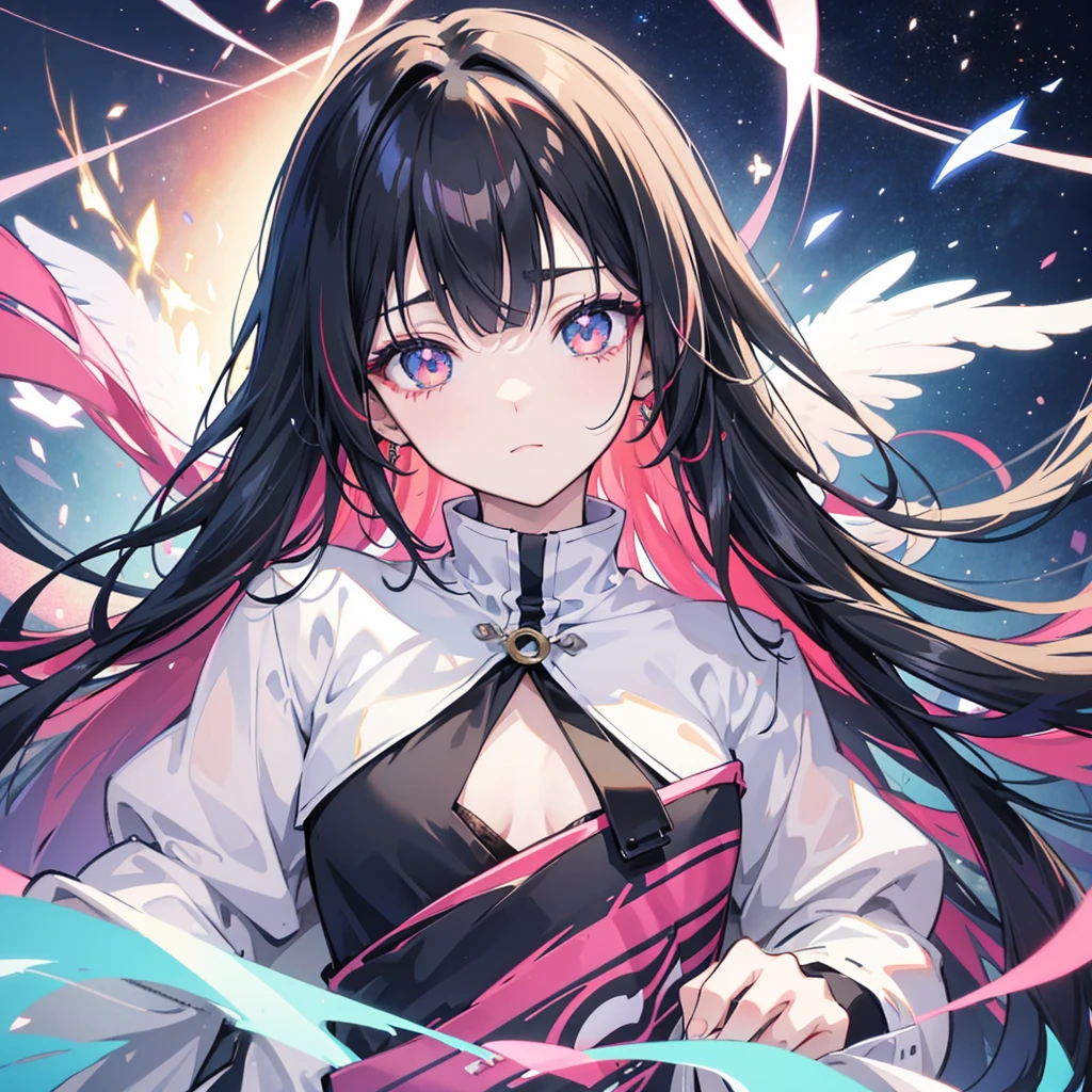 anime、Vibrant colors、Beauty、20-year-old、Calm、Black Hair、Long Hair、Straight Hair、The bangs are cut above the eyebrows、Narrow eyes、Slanted Eyes、Bright eyes、Sparkling eyes、Face