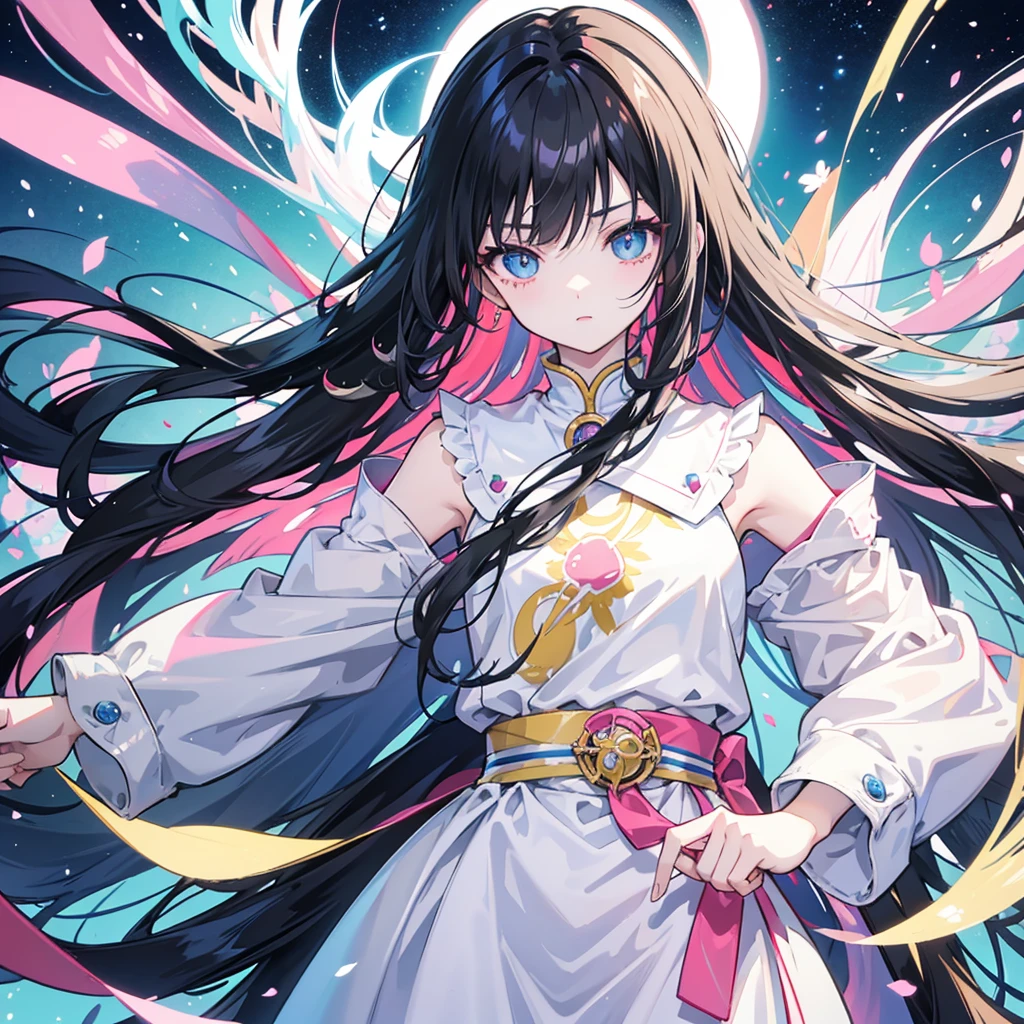 anime、Vibrant colors、Beauty、20-year-old、Calm、Black Hair、Long Hair、Straight Hair、The bangs are cut above the eyebrows、Narrow eyes、Slanted Eyes、Bright eyes、Sparkling eyes、Face