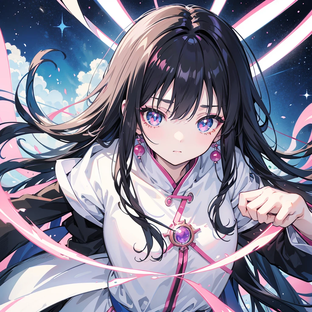 anime、Vibrant colors、Beauty、20-year-old、Calm、Black Hair、Long Hair、Straight Hair、The bangs are cut above the eyebrows、Narrow eyes、Slanted Eyes、Bright eyes、Sparkling eyes、Face