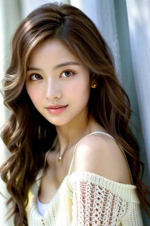 ((masterpiece: 1.4, highest quality))+,((highest quality)), ((masterpiece)), (detailed), whole body、wallpaper、Attention to detail、Perfect balance、Tight waist、Light brown hair、beautiful, Beautiful Skin、Fine skin、Russian Beauty、(masterpiece:1.3), SLR photography、Best image quality: 1.4, (Rough hairstyles:1.2)、Cleavage:1.4、Loose, lightweight knitwear、Shoulder