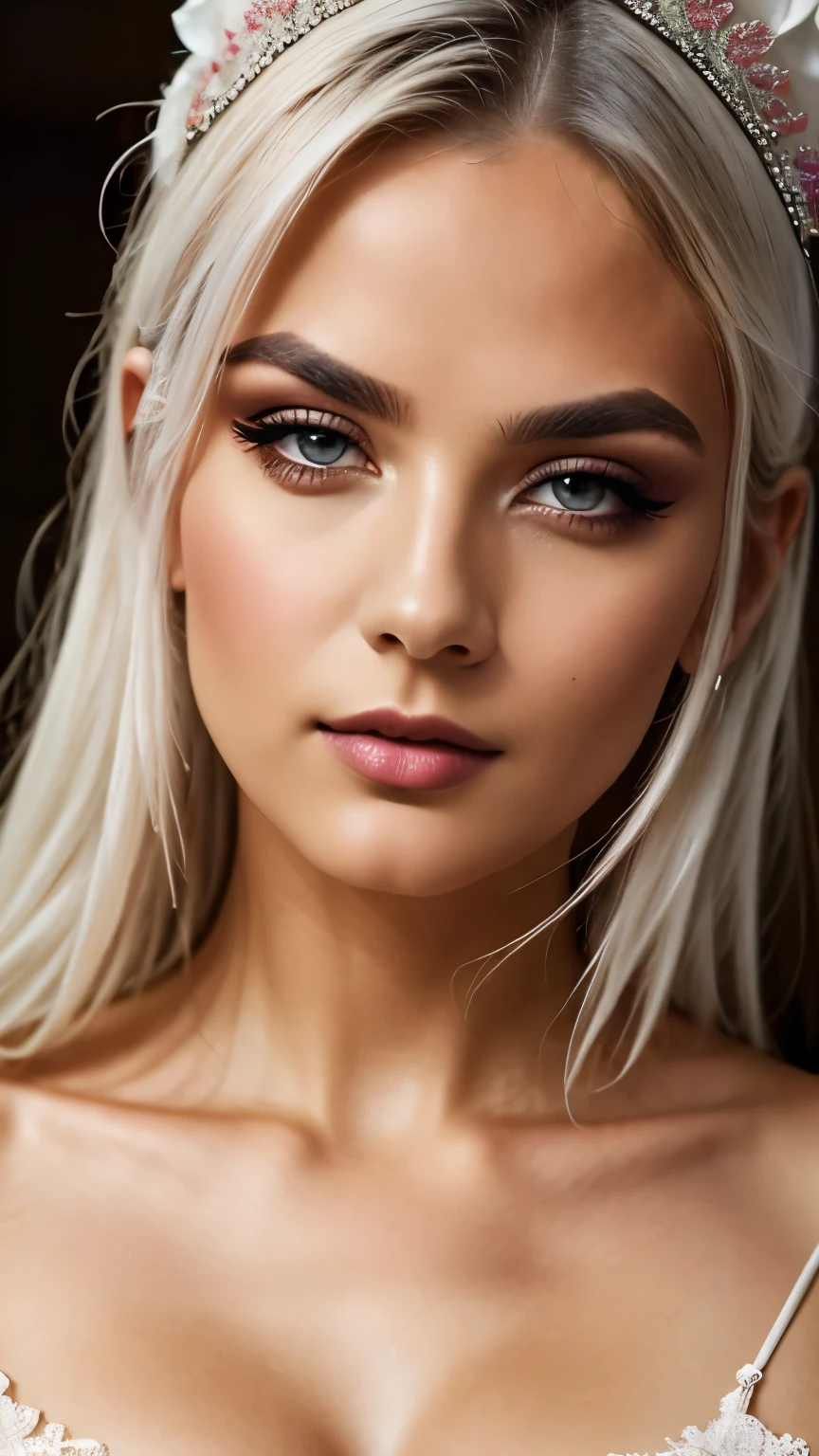 a young woman with white hair, beautiful detailed eyes, beautiful detailed lips, extremely detailed face, long eyelashes, maid uniform, maid outfit, , intricate details, high-quality, photorealistic, cinematic lighting, dramatic shadows, vibrant colors, realistic skin, beautiful, elegant, best quality, 8k, ultra-detailed, realistic, photo-realistic, professional, conceptart, cinematic, dramatic