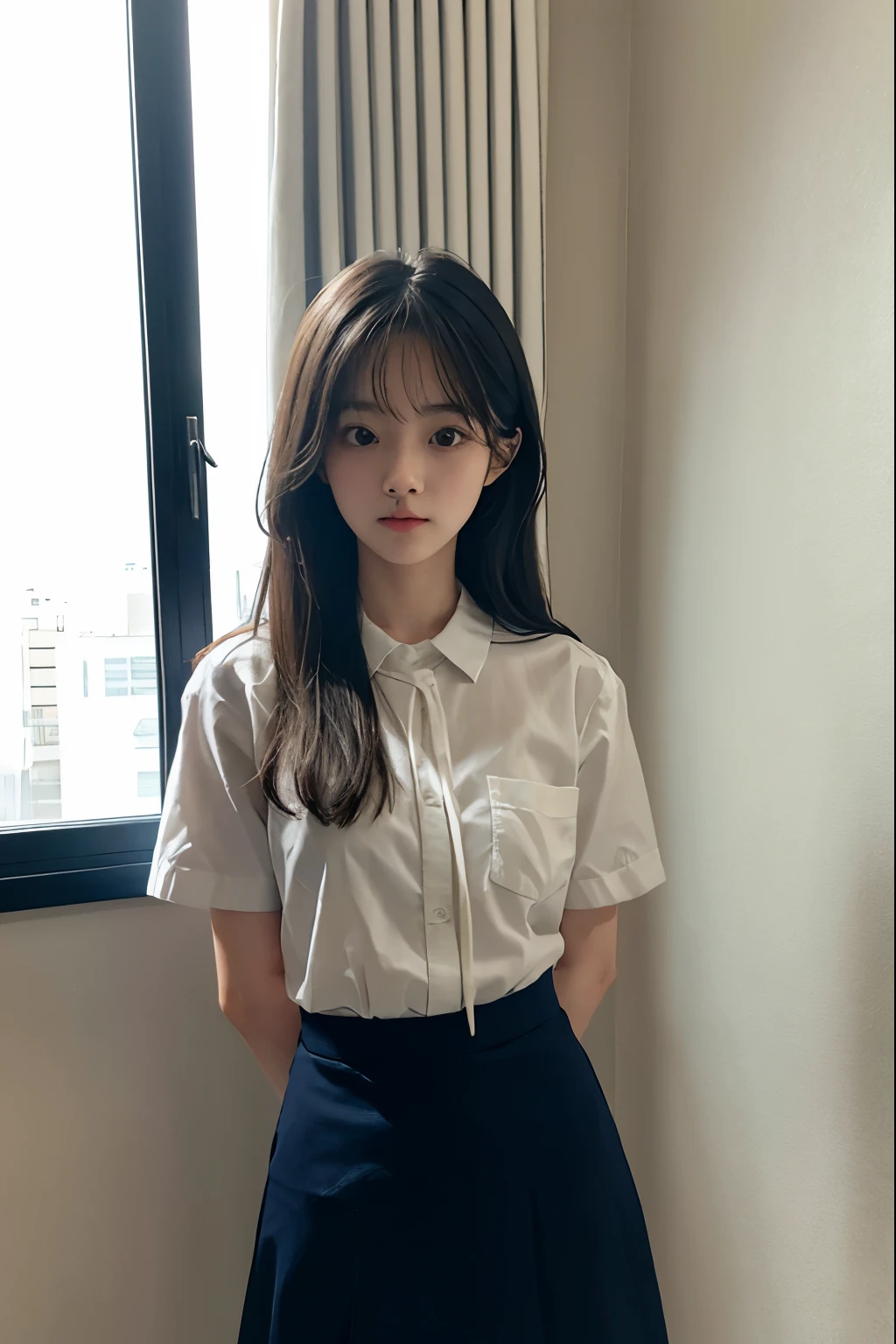 A cute girl who was and tied up、Beauty、Make your eyes even、My hands are tied with ropes、Inside the hotel room、White short-sleeved shirt、Navy semi-long skirt、Standing in front of the window、Age 25、Medium build、Like real life、highest quality、