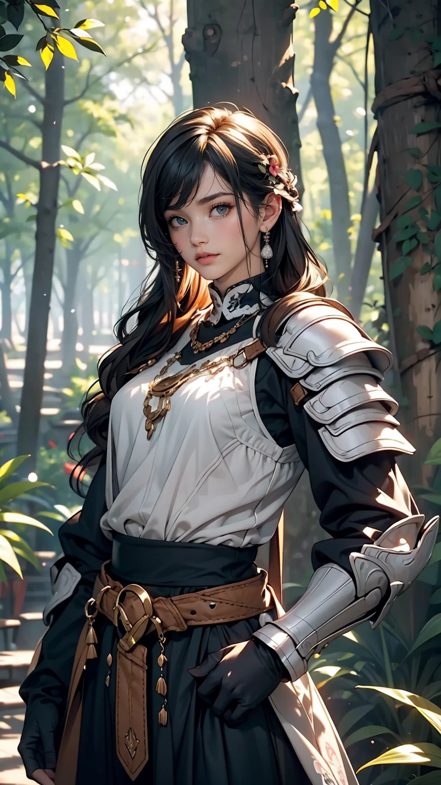 Dress in Armor, White shirt, forest、Outstanding proportions