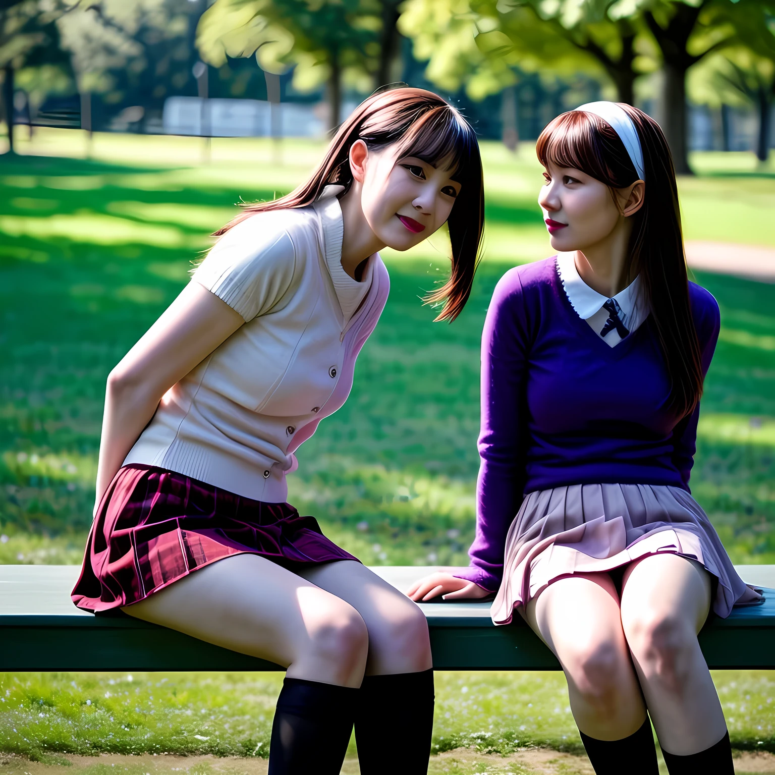 2 mature females, short skirts, long stocking with garter, sitting on bench at the park, daylight, (covered nipples:0.3), photo, photorealistic, photorealism