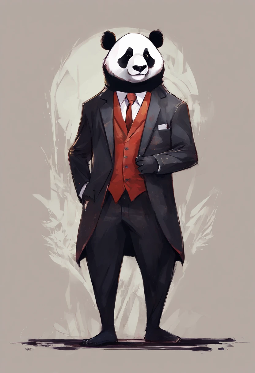 anthropomorphic panda, de cuerpo entero, vestido formalmente con un blazer, sostiene una bandeja, pegatina de panda, sticker de panda.