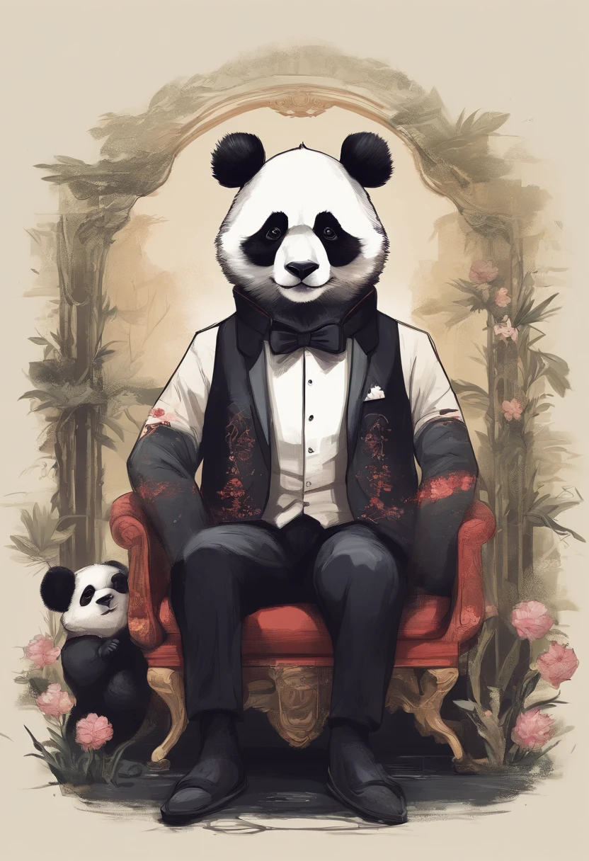 anthropomorphic panda, de cuerpo entero, vestido formalmente con un blazer, sostiene una bandeja, pegatina de panda, sticker de panda.