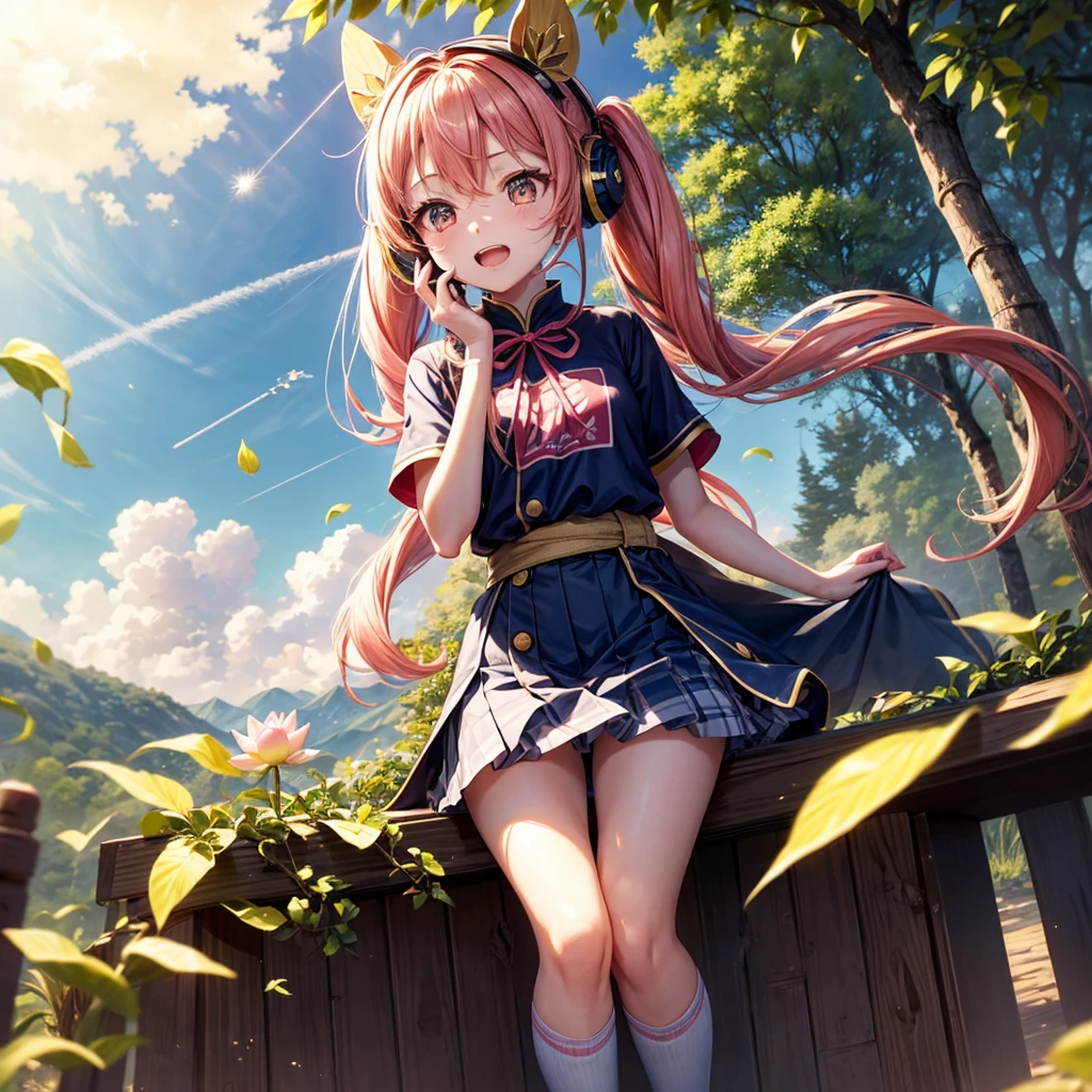 Pink Blue Gold Golden Hair、Golden Eyes、Two good looking girls、Twin tails、solo、anime、Checkered mini skirt、The skirt has buttons、Red T-shirt、China、Cape、Black knee-high socks、Wearing headphones、Wearing a ribbon、Ribbon on waist、Tilting face、Teeth are visible、Sunset sky、Water Mountain、Piercing the clouds、Contrail、Tinted Glasses、tree、Touching your face、lotus leaves、canal、Cumulonimbus、bamboo forest、Facing each other