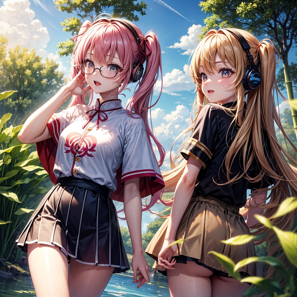 Pink Blue Gold Golden Hair、Golden Eyes、Two good looking girls、Twin tails、solo、anime、Checkered mini skirt、The skirt has buttons、Red T-shirt、China、Cape、Black knee-high socks、Wearing headphones、Wearing a ribbon、Ribbon on waist、Tilting face、Teeth are visible、Sunset sky、Water Mountain、Piercing the clouds、Contrail、Tinted Glasses、tree、Touching your face、lotus leaves、canal、Cumulonimbus、bamboo forest、Facing each other