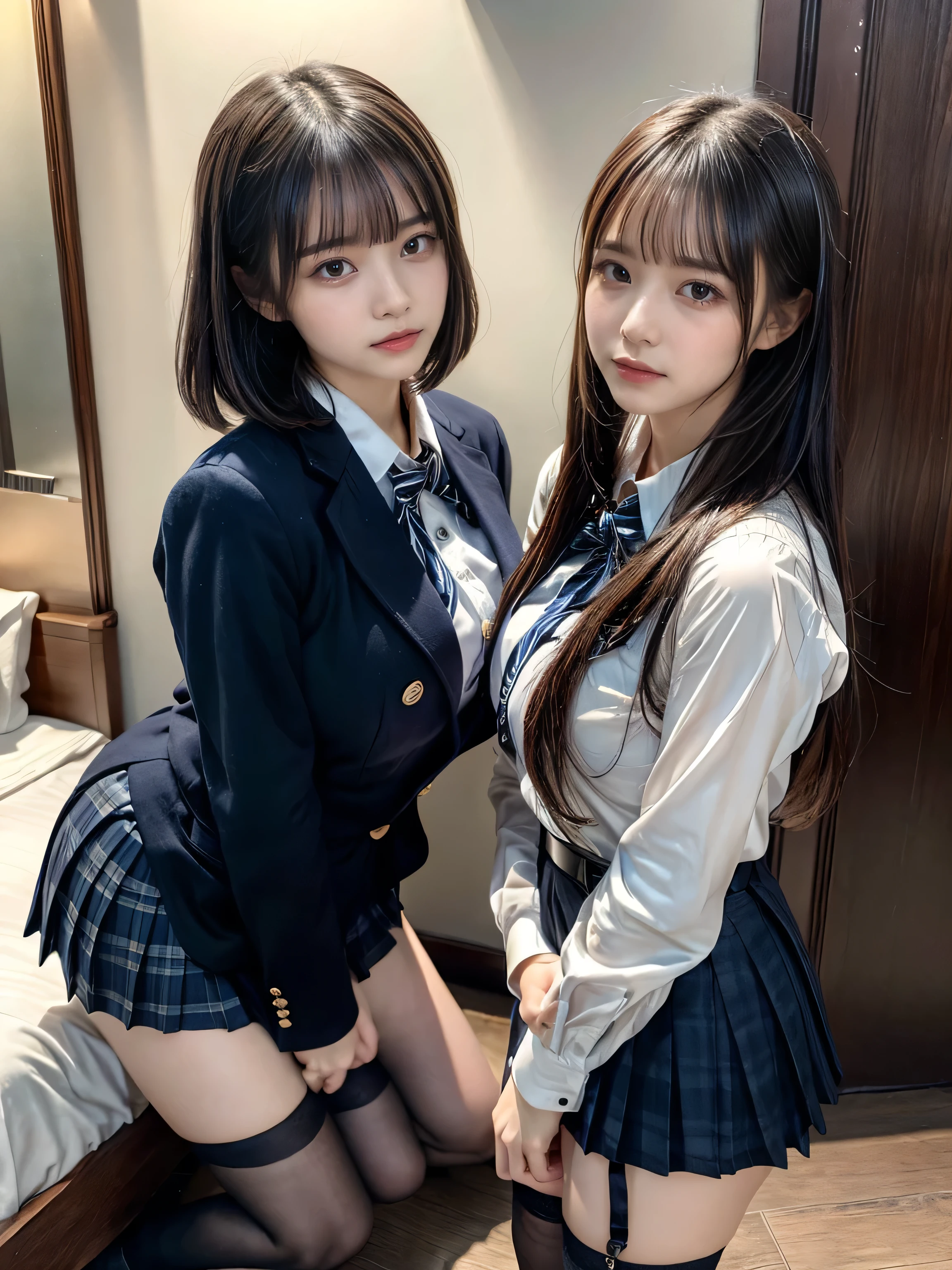 (8K, Raw photography, top-quality, masterpiece:1.2), muster piece, best quality, illustration, Super detailed, fine details, High resolution, 8K,wall paper, perfect dynamic composition,(Details High quality, realistic depiction of eyes:1.3), ((2 girls, 2 schoolgirls)), The background is a luxury hotel room、High school girl uniform、blazer 、Super Short Check Uniform Skirt、Navy blue high socks、garterbelts、Colossal tits、Disturbed uniform, Play with each other,Touching each other's bodies,Touching the body of the girl next door, short bob hair, black hair color, huge breasts, Big Natural Color Lip, bold sexy pose, (perfect body shape), crying a little、cold gaze, Beautiful makeup,glitter makeup,Cutest 18 years old、 beautiful legs, hposing Gravure Idol, Voluptuous thighs