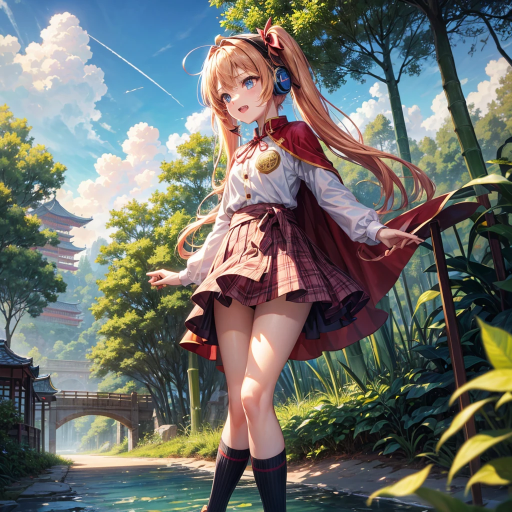 Pink Blue Gold Golden Hair、Golden Eyes、Two good looking girls、Twin tails、solo、anime、Checkered mini skirt、The skirt has buttons、Red T-shirt、China、Cape、Black knee-high socks、Wearing headphones、Wearing a ribbon、Ribbon on waist、Tilting face、Teeth are visible、Sunset sky、Water Mountain、Piercing the clouds、Contrail、Tinted Glasses、tree、Touching your face、lotus leaves、canal、Cumulonimbus、bamboo forest、Facing each other