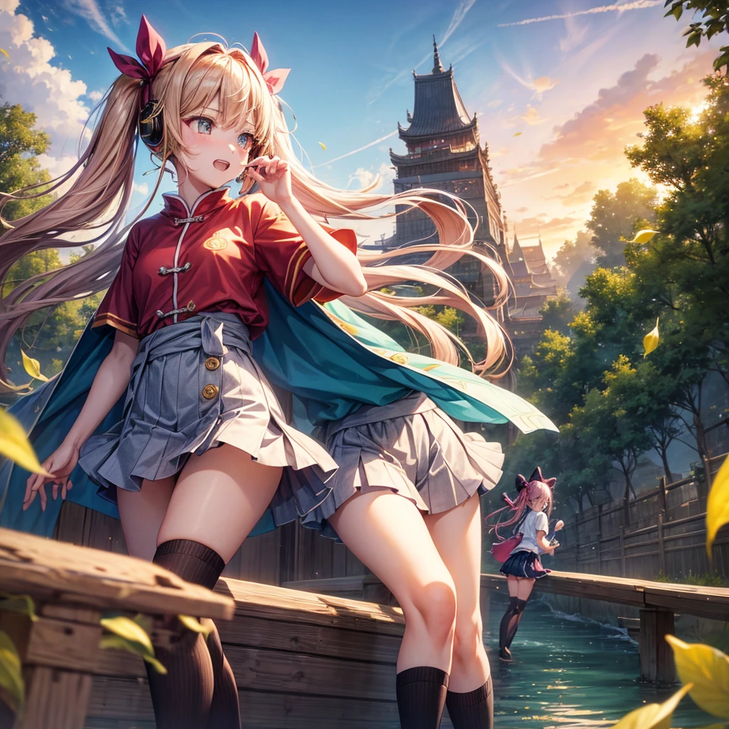 Pink Blue Gold Golden Hair、Golden Eyes、Two good looking girls、Twin tails、solo、anime、Checkered mini skirt、The skirt has buttons、Red T-shirt、China、Cape、Black knee-high socks、Wearing headphones、Wearing a ribbon、Ribbon on waist、Tilting face、Teeth are visible、Sunset sky、Water Mountain、Piercing the clouds、Contrail、Tinted Glasses、tree、Touching your face、lotus leaves、canal、Cumulonimbus、bamboo forest、Facing each other