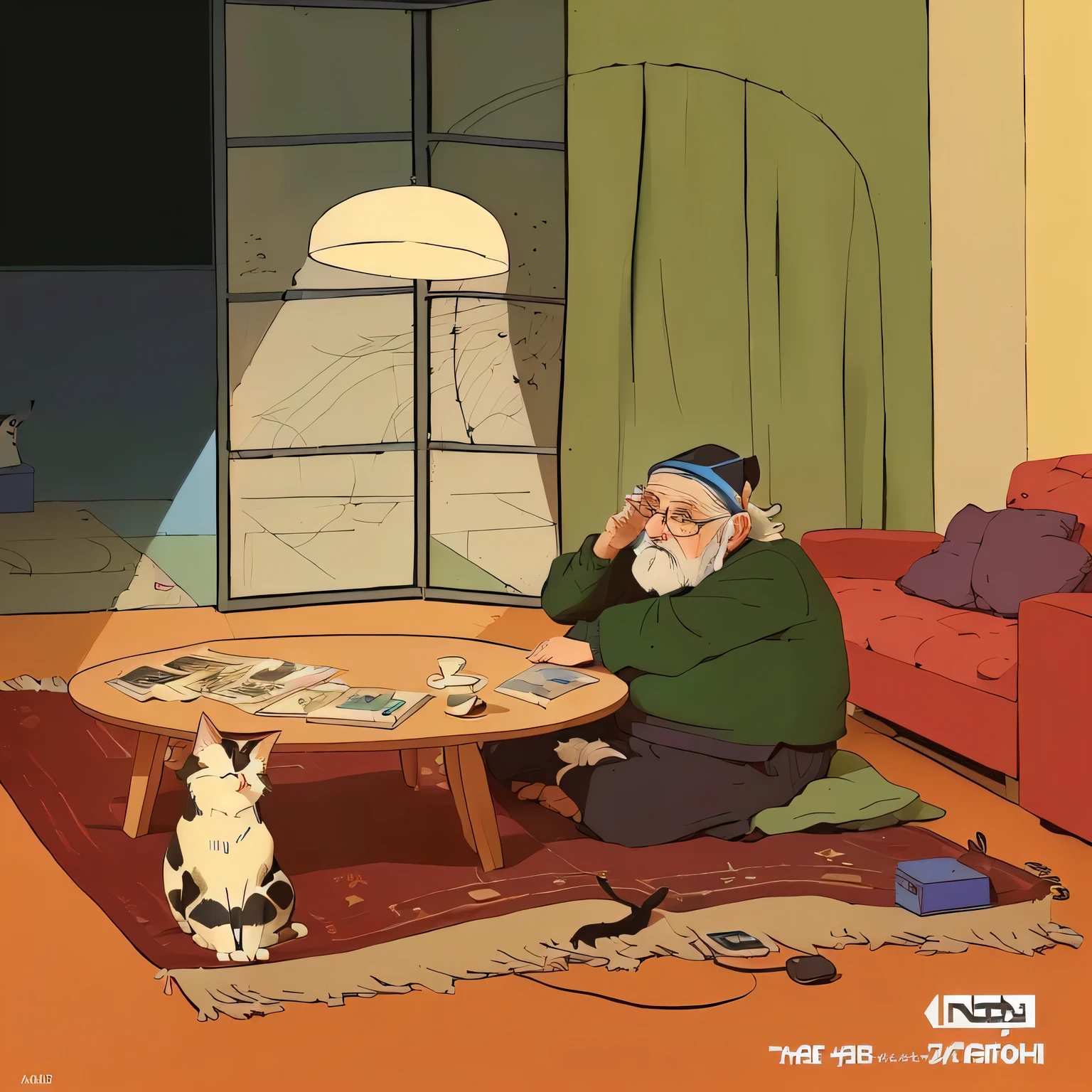 comics:An old man sitting on the carpet,Next to it is a cat and a table, ( asaf hanukkah ), Animation movie stills, by Asaf Hanuka, author:Amedee Ossenfante, animation stills, inspired by Asaf Hanuka, author:Jean Helion, animated illustration style, Older women, old lady, Animation Scene