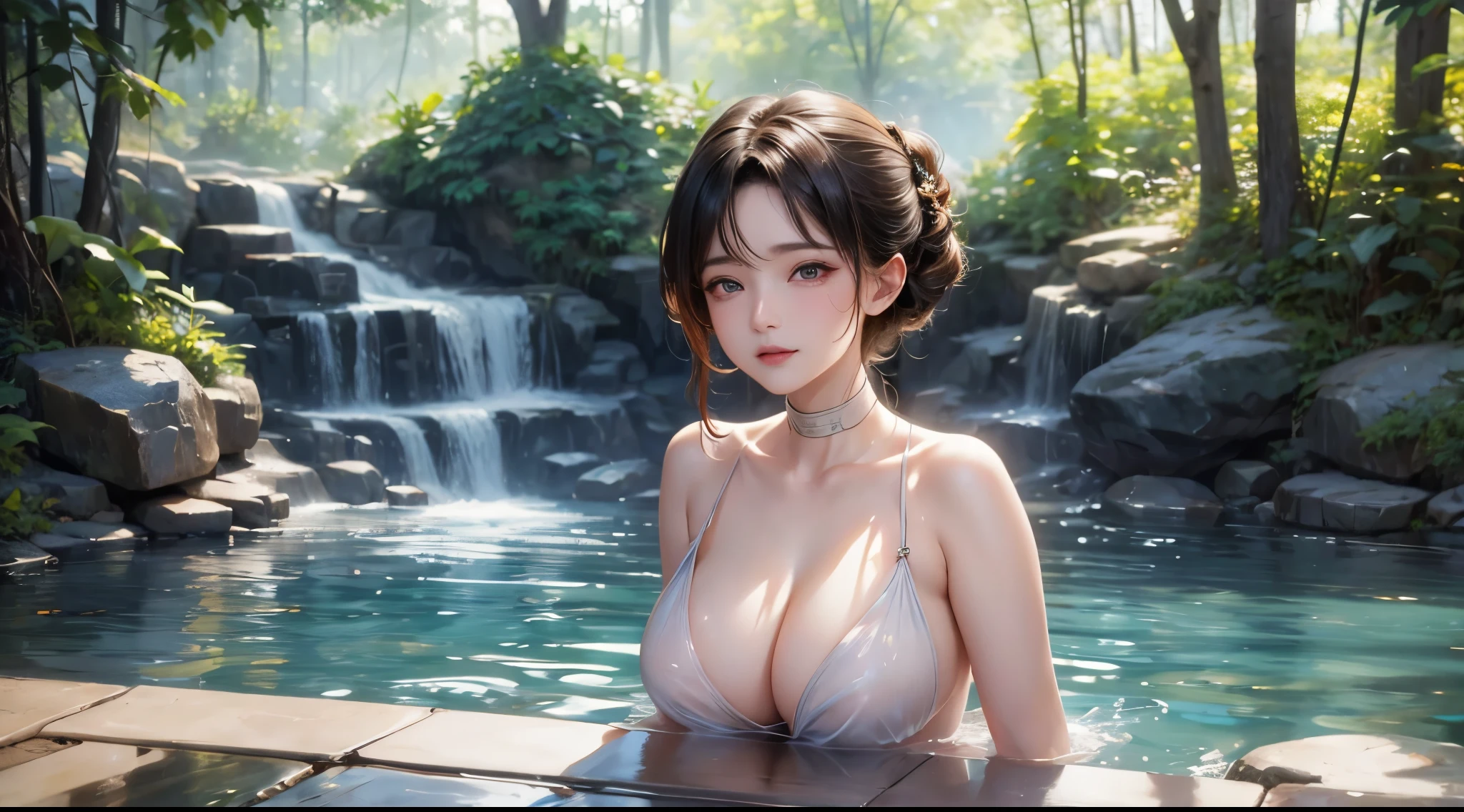 (best quality), ((masterpiece)), (high resolution), A beautiful woman is taking a hot spring bath,Undress,Maximum chest,Maximum chest下垂,Clear water