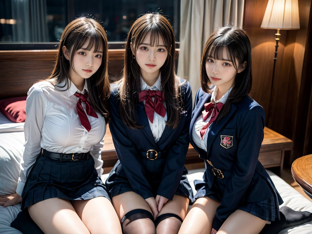 (8K, Raw photography, top-quality, masterpiece:1.2), master piece, best quality, illustration, Super detailed, fine details, High resolution, 8K,wall paper, perfect dynamic composition,(Details High quality, realistic depiction of eyes:1.3), ((2 girls, 2 schoolgirls)), The background is a luxury hotel room、High school girl uniform、blazer 、Super Short Check Uniform Skirt、Navy blue high socks、garterbelts、Colossal tits、Disturbed uniform, Play with each other,Touching each other's bodies,Touching the body of the girl next door, short bob hair, black hair color, huge breasts, Big Natural Color Lip, bold sexy pose, (perfect body shape), crying a little、cold gaze, Beautiful makeup,glitter makeup,Cutest 18 years old, beautiful legs, hposing Gravure Idol, Voluptuous thighs