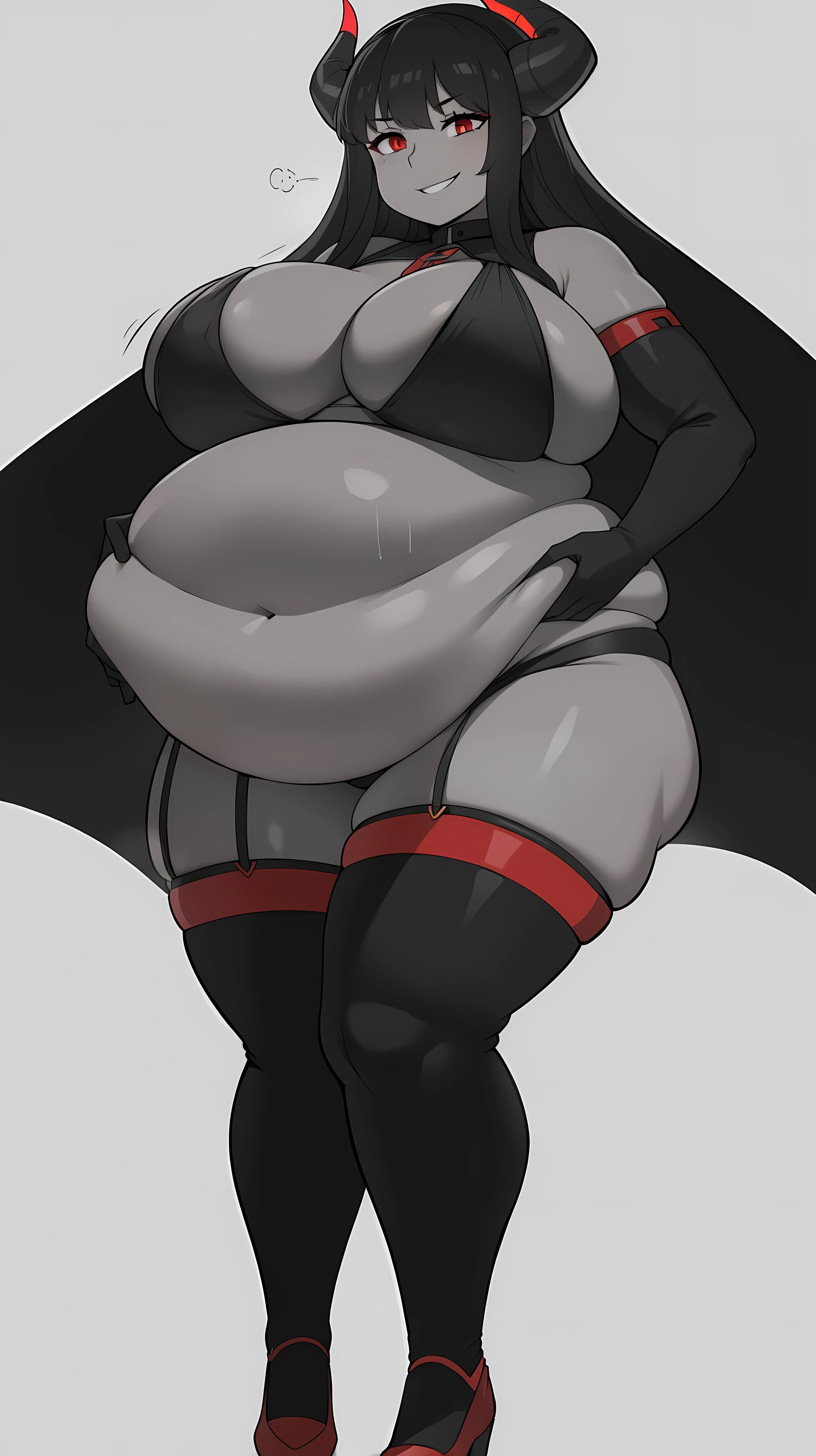 (Full body:1.5)(Bloated belly:1.5)Smiling, sadistic smile, Black hair, dark skin, Closing red eyes, Red eyes, 1girl, solo, horns, monochrome, greyscale, giant breasts, abnormally huge breasts, humongous breasts,phalia,underwear, elbow gloves, thighhighs, huge breasts