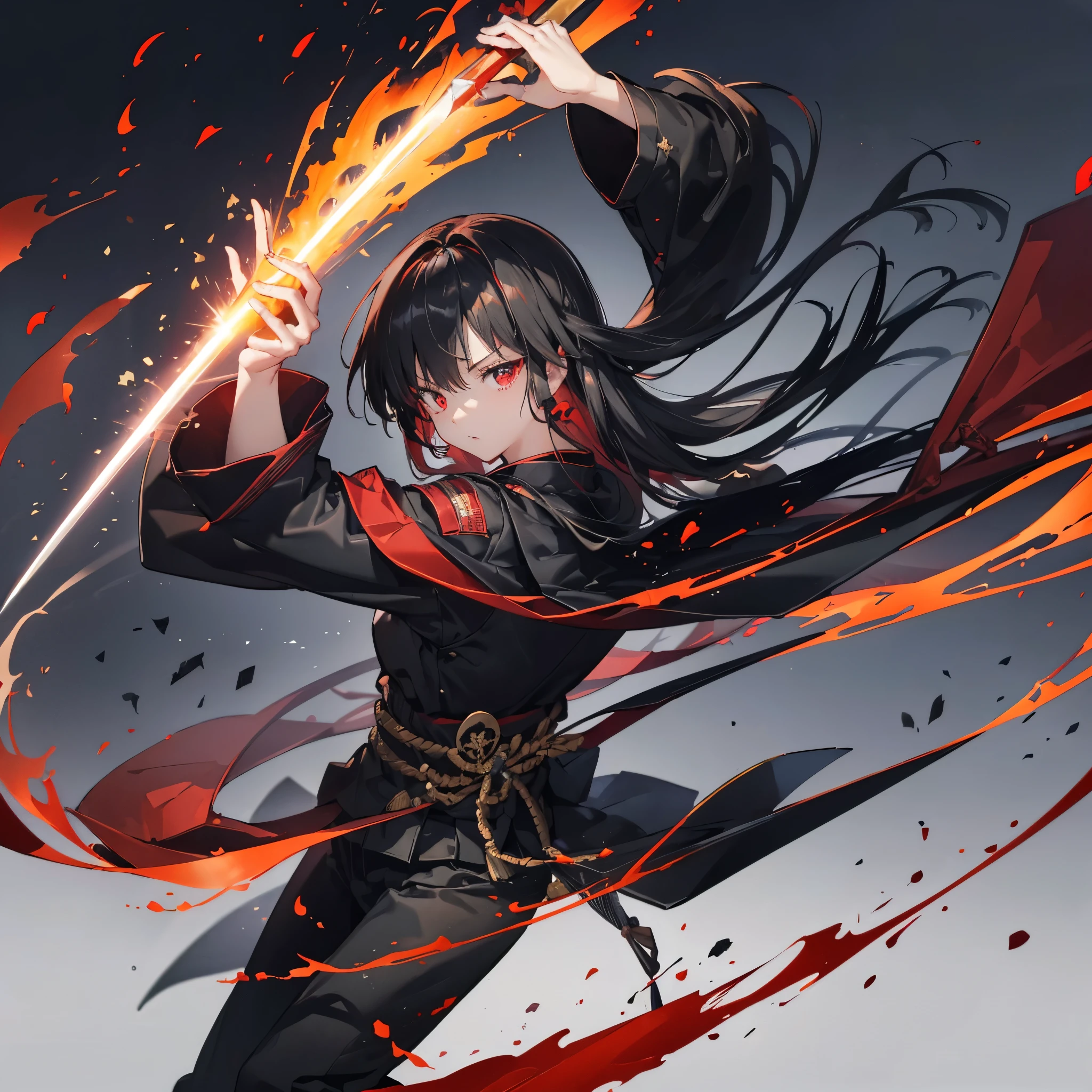 ((blackい髪 Long Hair black Military commander one person Lonely Red Flag Eye patch)) ((night Japanese style old Shining Aura)) (Dance Flame Blade Shining Japan sword Draw your sword Grasp the sword) moon star Draw your sword Slashing Catch the wind print Tense face geta kimono