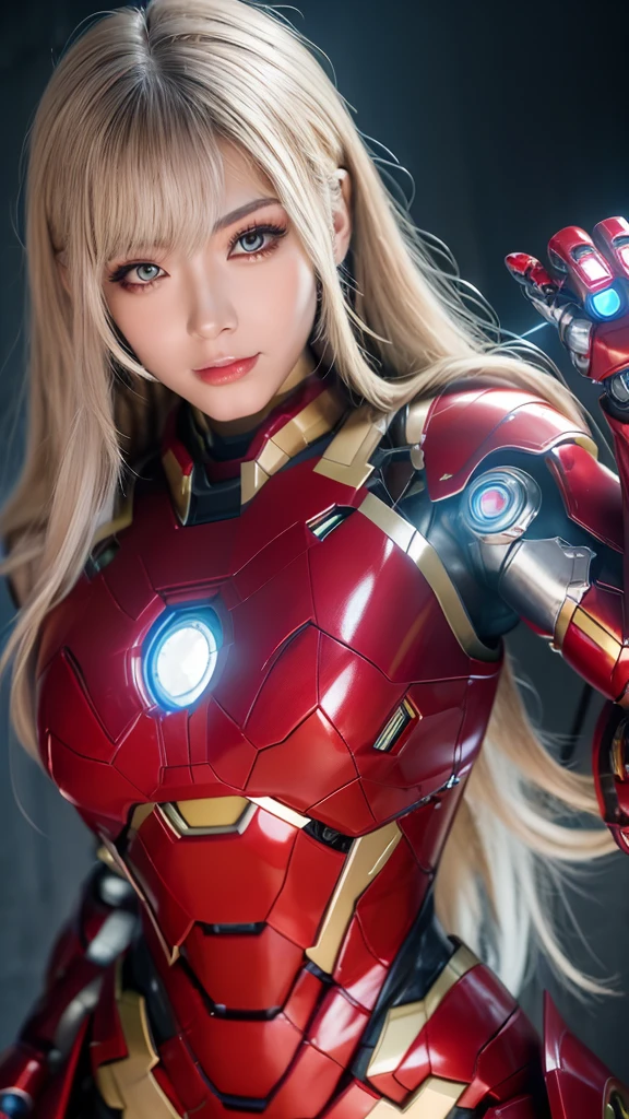 Textured skin, Super Detail, high details, High quality, Best Quality, hight resolution, 1080p, hard disk, Beautiful,(Iron Girl),(Superheroine),beautiful cyborg woman,Mecha Cyborg Girl,Battle Mode,Girl with a Mecha Body,She wears an Iron Man mech,fullllbody