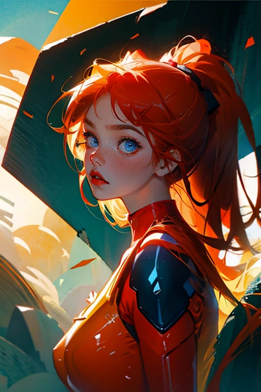 Asuka Langley only ,small breasts, portrait, bad girl, long light ginger hair, light blue eyes, beautiful red lips, right fitting asuka plugsuit