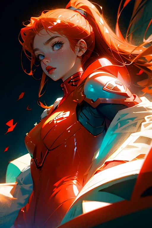Asuka Langley only ,small breasts, portrait, bad girl, long light ginger hair, light blue eyes, beautiful red lips, right fitting asuka plugsuit