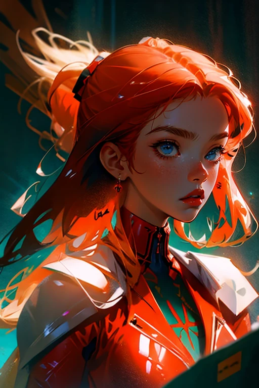 Asuka Langley only ,small breasts, portrait, bad girl, long light ginger hair, light blue eyes, beautiful red lips, right fitting asuka plugsuit