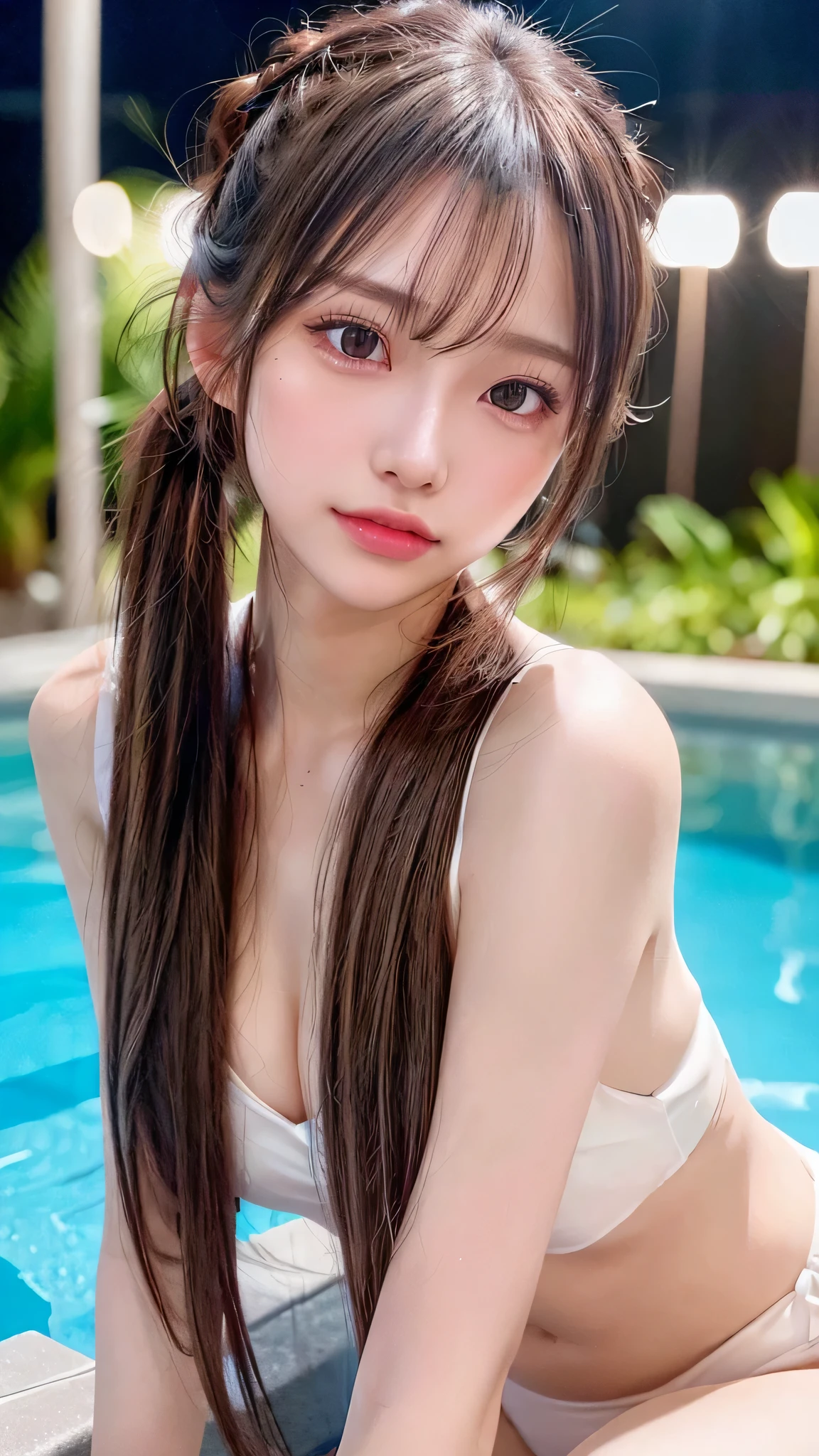 Outdoor,midnight,Very large pool,It's dark outside,Lit up with neon lights,bikini,Blushing,Facing forward,Small breasts,,Long hair ponytail,((8K, Raw photo, Best Quality, Mastepiece:1.2), (Realism, Photorealistic:1.4), (Highly detailed 8k wallpaper), Depth of written boundary, Cinematic Lighting, Soft Light, Detailed Beauty Eye,Shiny and smooth light brown ponytail, Asymmetrical bangs, Shiny skin, Ultra-detailed skins ,It is high resolution., High detail, Detailed hairstyle, Detailed facial beauty, Hyper-realistic, Perfect limbs, Perfect Anatomy ,1 Japanese girl,Famous Japanese Idols, Perfect female body,A shy smile,Short eyelashes,Double-edged eyelids,Look straight here,Hair style: ponytail,