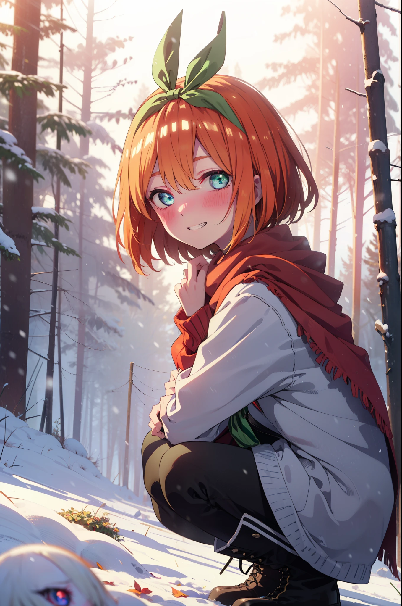 yotsubanakano, yotsuba nakano, bangs, short hair, blue eyes, Hair between the eyes, Hair Ribbon, hair band, Orange Hair, (Green ribbon:1.5), smile, Grin,smile,blush,White Breath,
Open your mouth,snow,Ground bonfire, Outdoor, boots, snowing, From the side, wood, suitcase, Cape, Blurred, Increase your meals, forest, White handbag, nature,  Squat, Mouth closed, フードed Cape, winter, Written boundary depth, Black shoes, red Cape break looking at viewer, Upper Body, whole body, break Outdoor, forest, nature, break (masterpiece:1.2), highest quality, High resolution, unity 8k wallpaper, (shape:0.8), (Beautiful and beautiful eyes:1.6), Highly detailed face, Perfect lighting, Highly detailed CG, (Perfect hands, Perfect Anatomy),