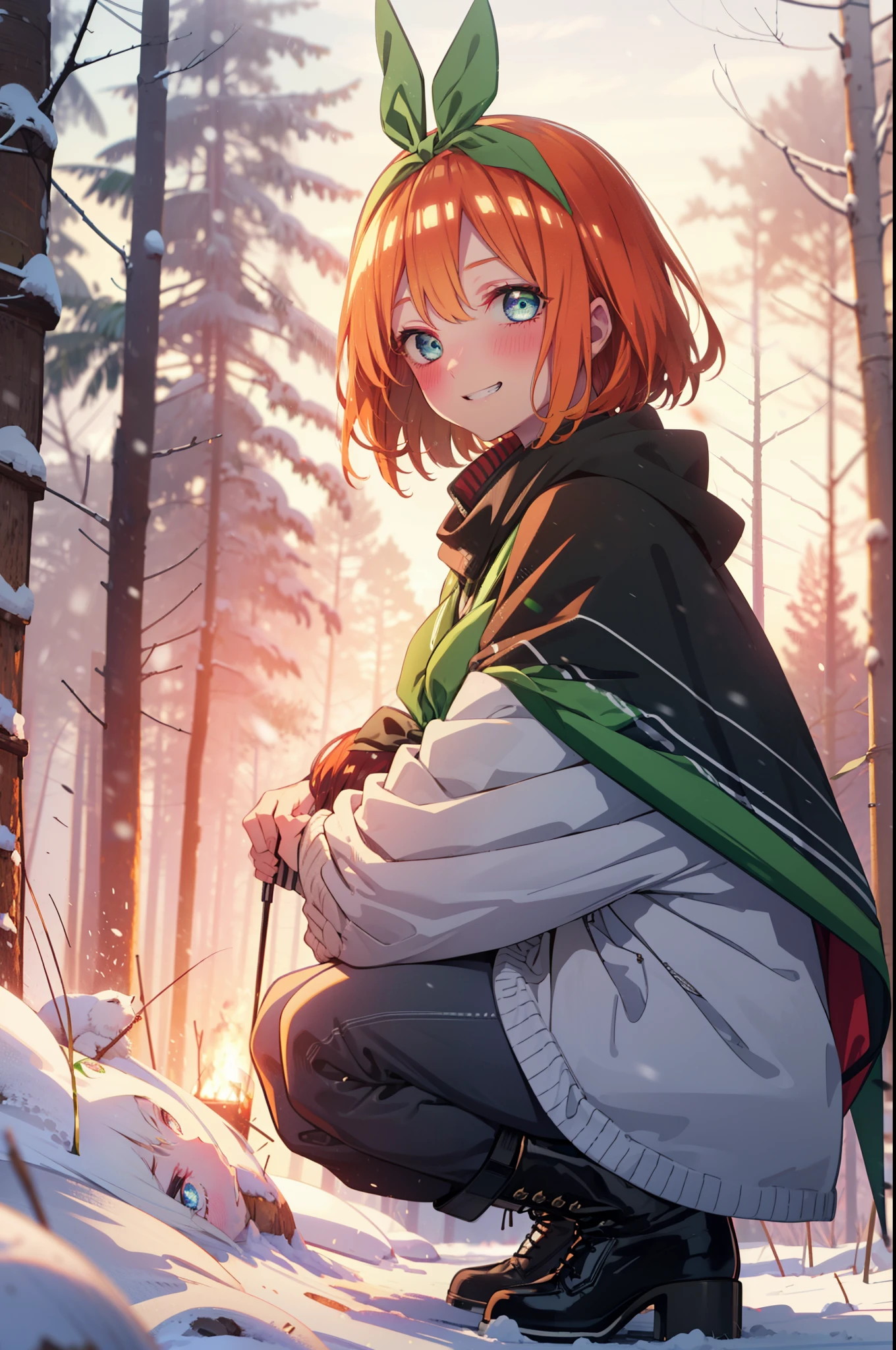 yotsubanakano, yotsuba nakano, bangs, short hair, blue eyes, Hair between the eyes, Hair Ribbon, hair band, Orange Hair, (Green ribbon:1.5), smile, Grin,smile,blush,White Breath,
Open your mouth,snow,Ground bonfire, Outdoor, boots, snowing, From the side, wood, suitcase, Cape, Blurred, Increase your meals, forest, White handbag, nature,  Squat, Mouth closed, フードed Cape, winter, Written boundary depth, Black shoes, red Cape break looking at viewer, Upper Body, whole body, break Outdoor, forest, nature, break (masterpiece:1.2), highest quality, High resolution, unity 8k wallpaper, (shape:0.8), (Beautiful and beautiful eyes:1.6), Highly detailed face, Perfect lighting, Highly detailed CG, (Perfect hands, Perfect Anatomy),