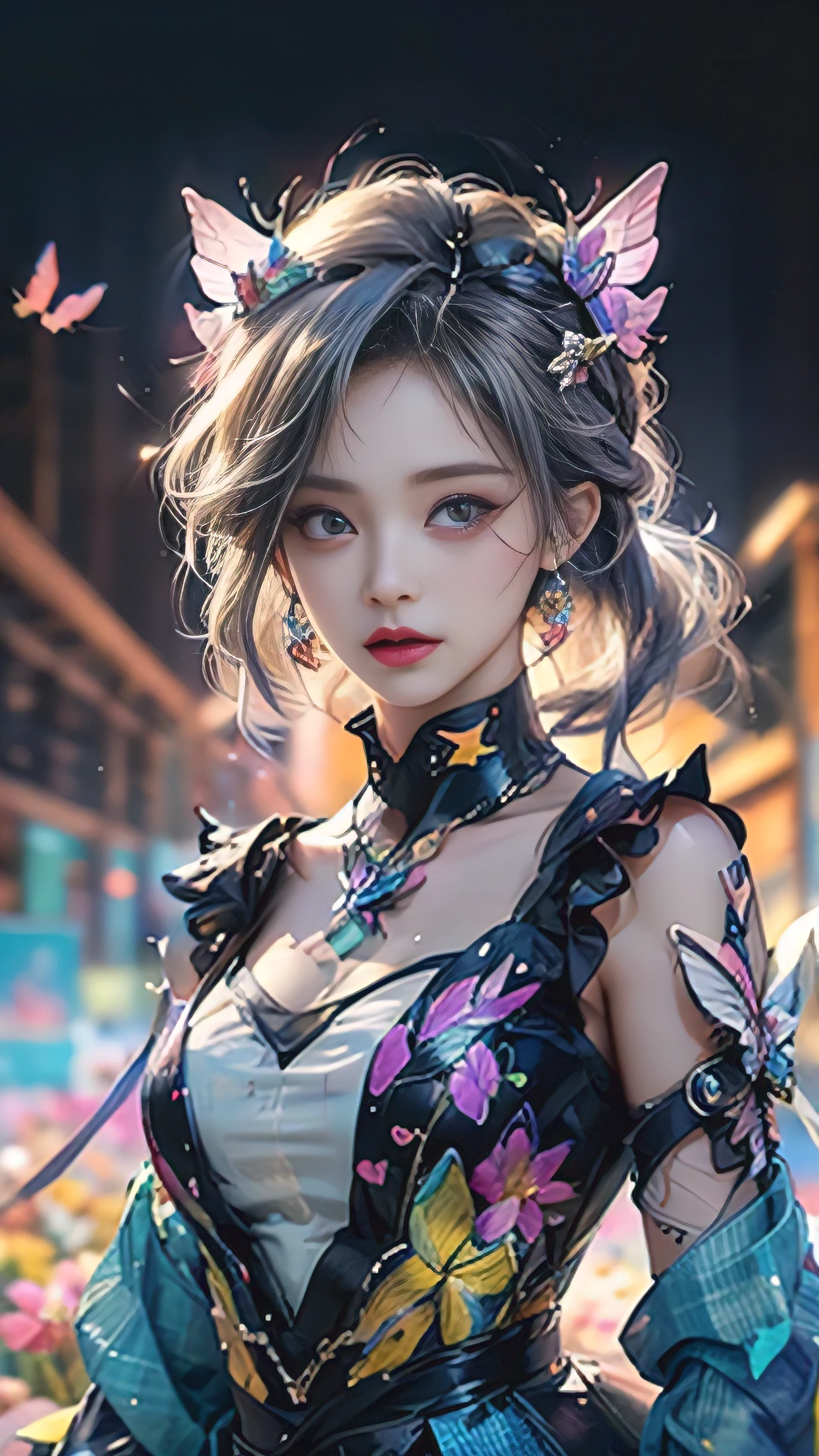 (masterpiece:1.1), (best quality:1.1), (HDR:1.0), Ambient Light, Ultra-high quality,( Super detailed original image), (1 Girl, Upper Body), ((Harajuku Fashion)), ((flower with human eyes, Eye disease)), double exposure, Fusion of fluid abstract art, glitch, (Original illustration composition), (Limited color blending, Maximalist art style, Geometric artstyle, Butterfly, Junk art)