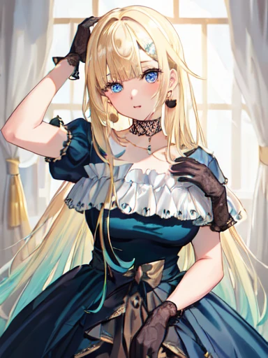 (masterpiece:1.3), (Absurd:1.3), (highest quality:1.3), The Hands of Guido Daniele, (Very detailed:1.3),(Best Shadow:0.7), (Processed Hair), One girl, alone, S1, aizawa ema, Large Breasts, Blonde, Asymmetrical bangs, Blunt bangs, blue eyes, hair ornaments, dress, gloves, Black Choker, jewelry, Earrings