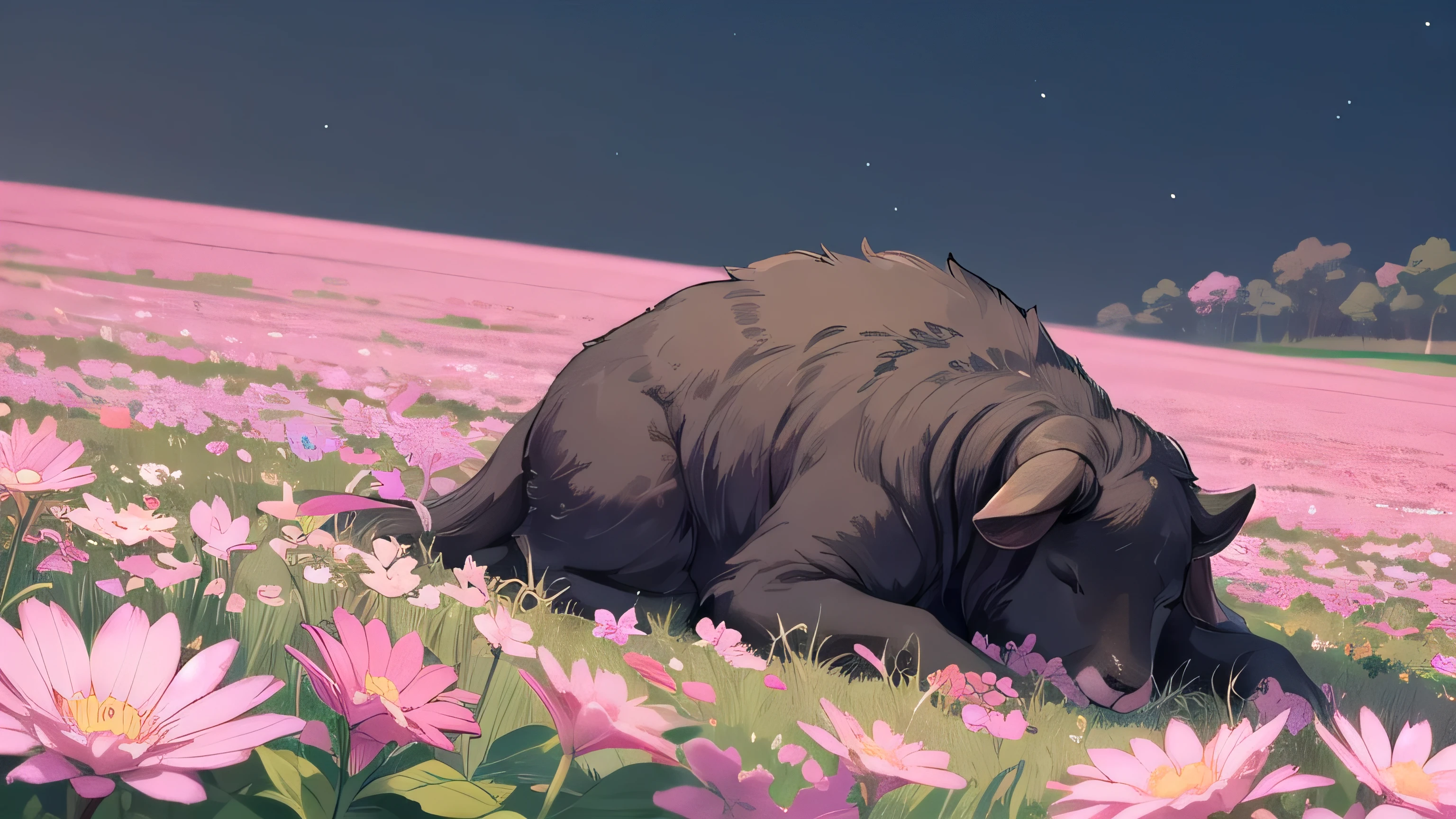 A black sheep sleeping in a pink flower field