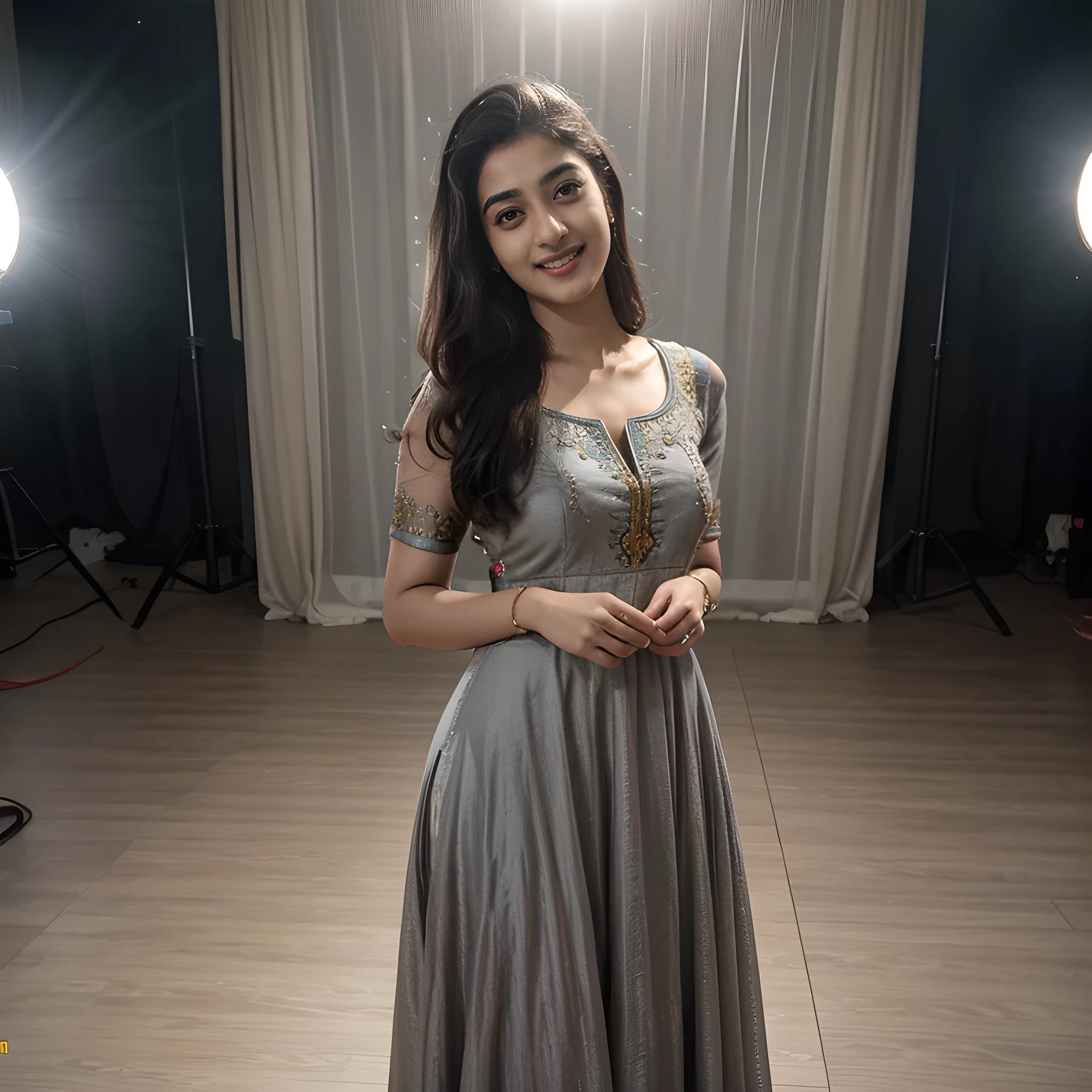 a beautiful young indian woman named ananya pandey, wearing an intricately embroidered grey anarkali dress,body-hugging fashion, full body view, pretty smiling face, highly detailed and realistic, photorealistic, 8k, high quality, masterpiece, ultra-detailed, vivid colors, physically-based rendering, sharp focus, studio lighting