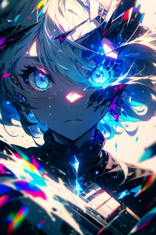 1girl,solo,cool,silver hair,colorful,paint,upper body focus,perfect face,face is dirty for painting,brilliant eye,,vivid eye,glorious,blue flame,dark,darkness