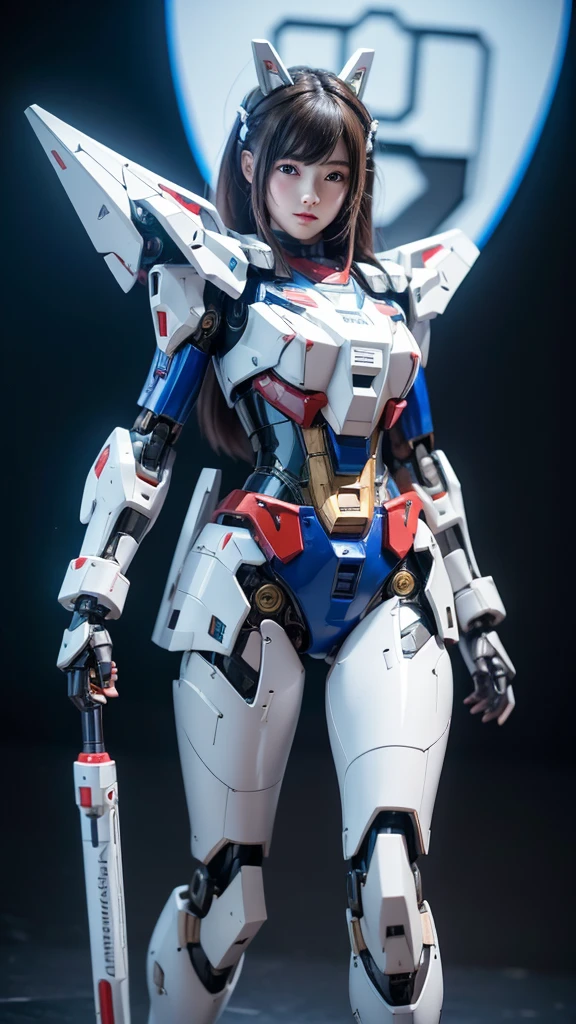 Textured skin, Super Detail, high details, High quality, Best Quality, hight resolution, 1080p, hard disk, Robot Girl,(Gundam Girl),beautiful cyborg woman,Mecha Cyborg Girl,Battle Mode,Girl with a Mecha Body,She wears a futuristic Gundam mecha,Fulll body Shot,Mobile Suit Girl