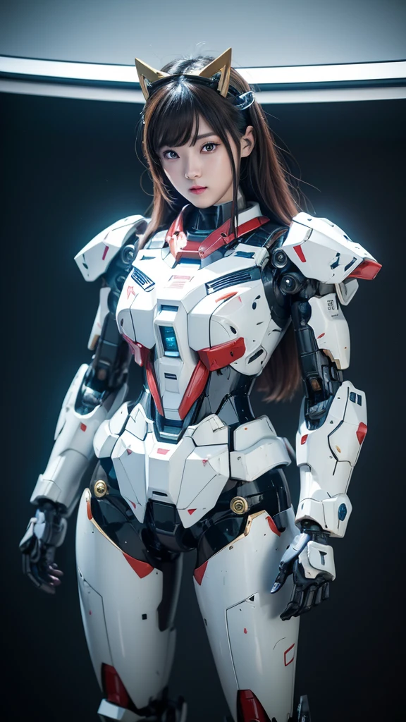 Textured skin, Super Detail, high details, High quality, Best Quality, hight resolution, 1080p, hard disk, Robot Girl,(Gundam Girl),beautiful cyborg woman,Mecha Cyborg Girl,Battle Mode,Girl with a Mecha Body,She wears a futuristic Gundam mecha,Fulll body Shot,Mobile Suit Girl