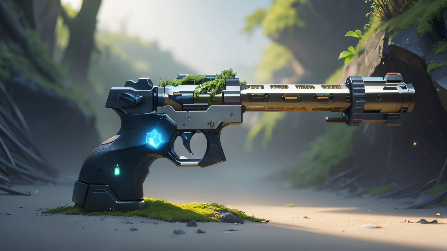 Science Fiction，unmanned，The gun has crystal，Gold gun，plasma，Plant and machine combination，moss，The vine plant attached to the gun，cgi，Realism，Light and Shadow，HD，Extreme details，high resolution，Outdoor scene on the ground，There are colorful particles floating around