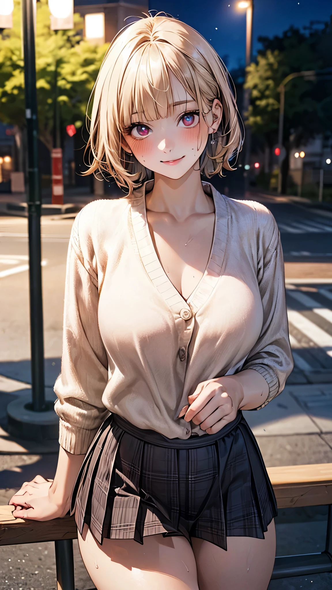 (masterpiece:1.2, top-quality), ultra high res, ultra detailed, (realistic, photorealistic:1.4), beautiful illustration, perfect lighting, natural lighting, depth of fields, ,
looking at viewer, full body, 1 girl, japanese, high school girl, perfect face, (perfect anatomy, anatomically correct, super detailed skin), cute and symmetrical face, babyface, shiny skin,
(short hair, curvy hair, ash blonde hair), blunt bangs, maroon eyes, long eye lasher, (large breasts, seductive thighs),
beautiful detailed hair, beautiful face, beautiful detailed eyes, beautiful clavicle, beautiful body, beautiful chest, beautiful thigh, beautiful legs, beautiful detailed hands, (five fingers)
(detailed cloth texture, long length beige cardigan, white collared shirt, over plaid red pleated skirt),
(beautiful scenery), summer, night, (park:1.2, streetlight, sidewalk, park bench:1.2, ), sweat, (seductive smile, blush, hollow eyes, lazy eyes),