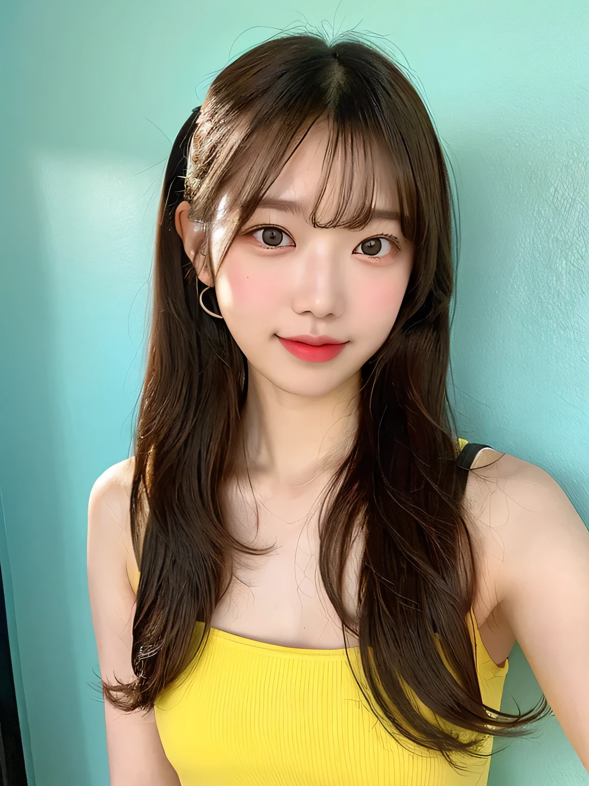one person、、Full body photo、slender、woman、White drool coming out of the mouth、smile、Twin tails、 Fair skin, messy hair, super cute、Soft and Face、8K resolution、Surreal、Ultra high definition、 A-cup small breasts((Highest resolution、8k、masterpiece:1.3))、Ultra-fine face、Ultra Fine Lips、Beautiful Eyes、double eyelid,Light blue wall、Yellow bandeau dress:1.1、Thighs、thin,Thighs are visible、Shapely small breasts、