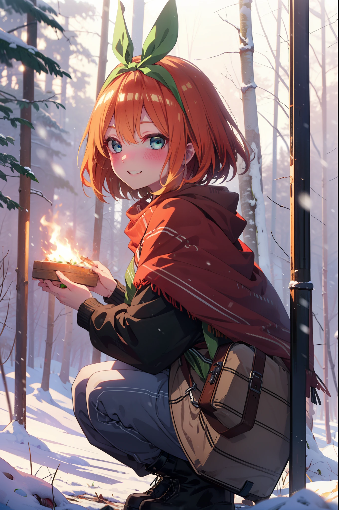 yotsubanakano, yotsuba nakano, bangs, short hair, blue eyes, Hair between the eyes, Hair Ribbon, hair band, Orange Hair, (Green ribbon:1.5), smile, Grin,smile,blush,White Breath,
Open your mouth,snow,Ground bonfire, Outdoor, boots, snowing, From the side, wood, suitcase, Cape, Blurred, Increase your meals, forest, White handbag, nature, Squat, Mouth closed, フードed Cape, winter, Written boundary depth, Black shoes, red Cape break looking at viewer, Upper Body, whole body, break Outdoor, forest, nature, break (masterpiece:1.2), highest quality, High resolution, unity 8k wallpaper, (shape:0.8), (Beautiful and beautiful eyes:1.6), Highly detailed face, Perfect lighting, Highly detailed CG, (Perfect hands, Perfect Anatomy),